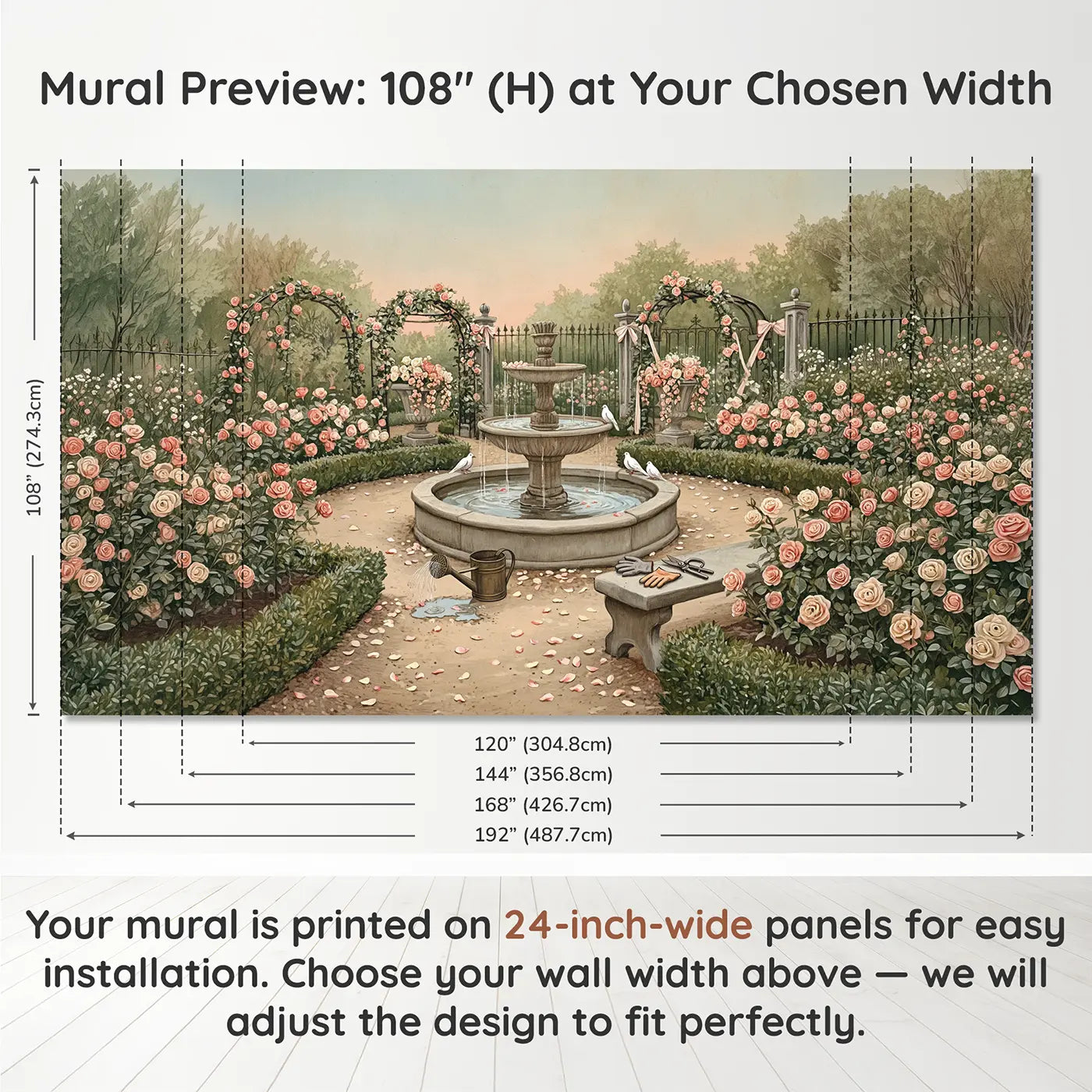 Panel layout and dimensions for Perfume Rose Garden Fountain Wallpaper Mural by Whimsy Tots