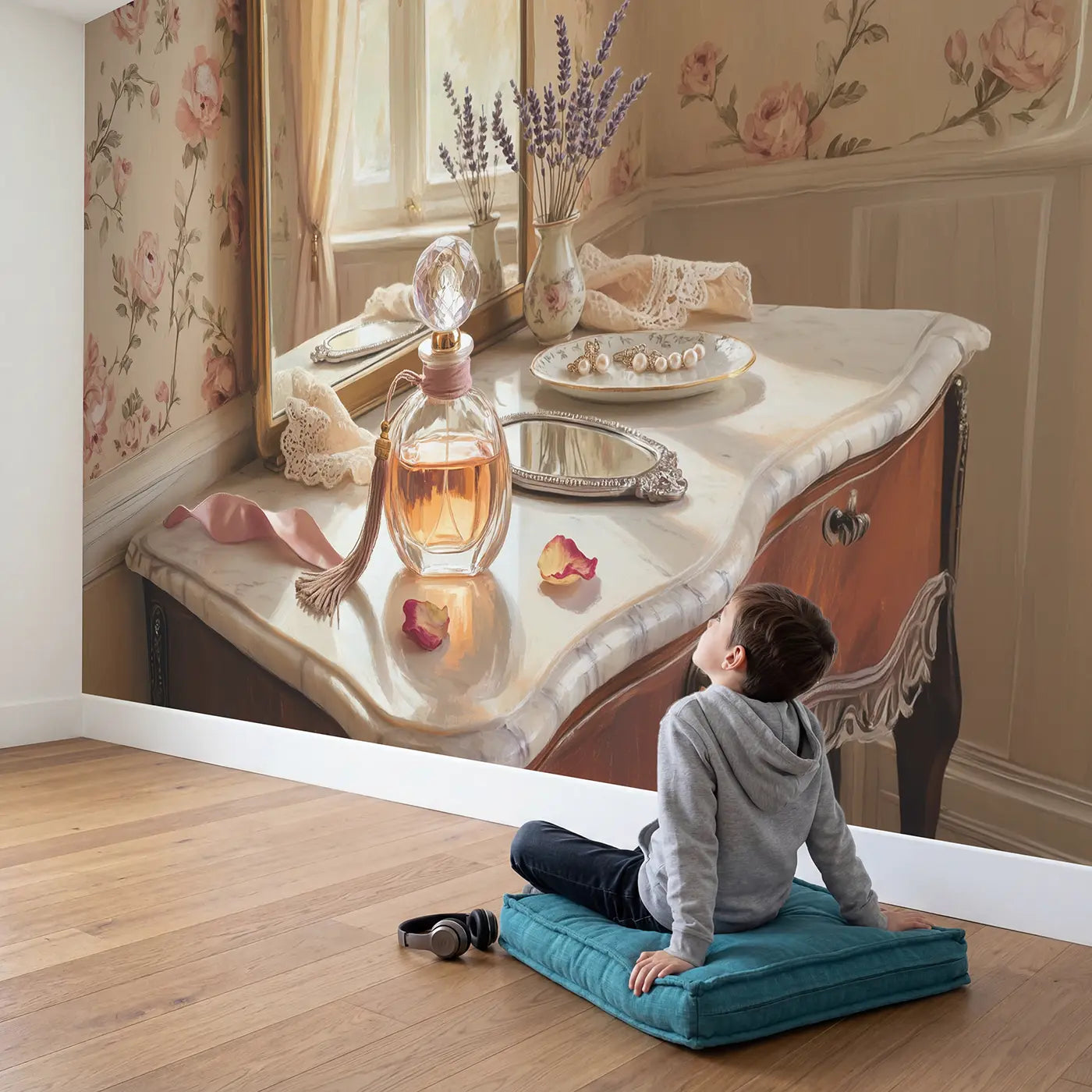 Child in nursery with Vintage Perfume Bottle Vanity Wallpaper Mural by Whimsy Tots