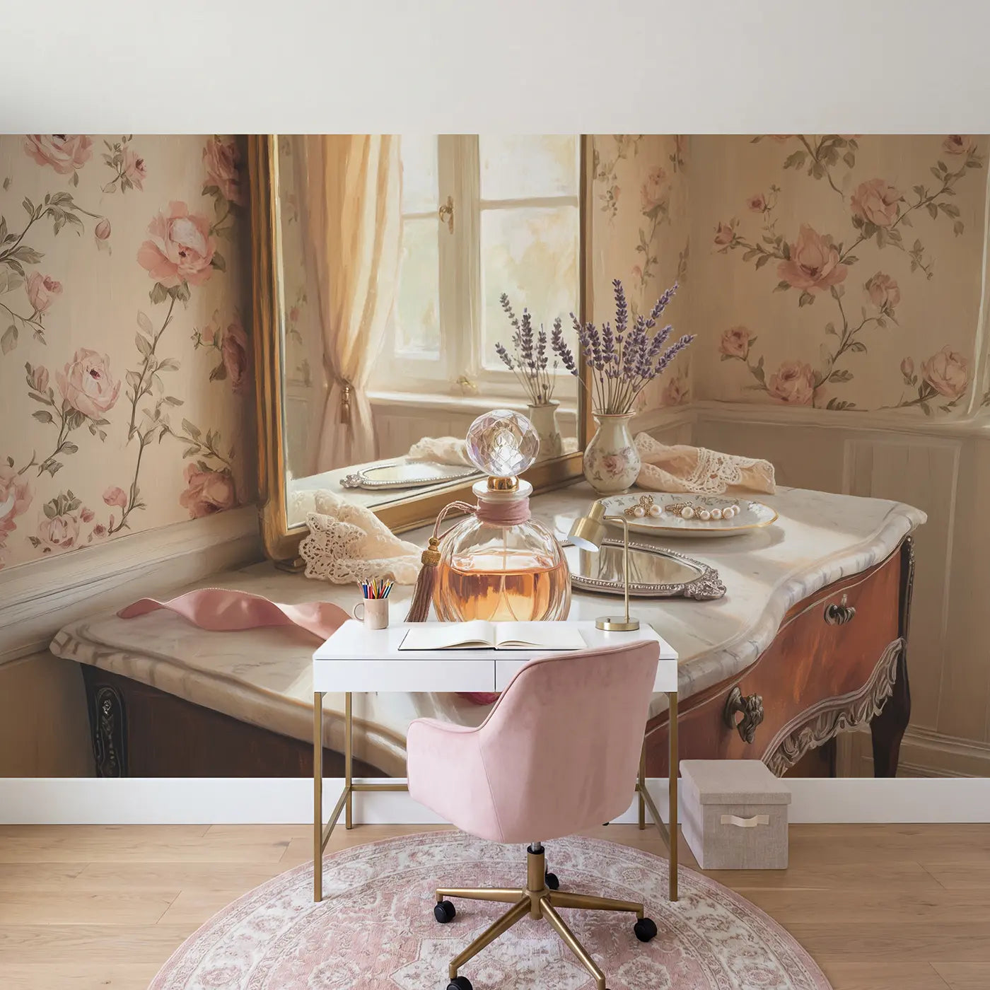Vintage Perfume Bottle Vanity Wallpaper Mural in playroom setting by Whimsy Tots