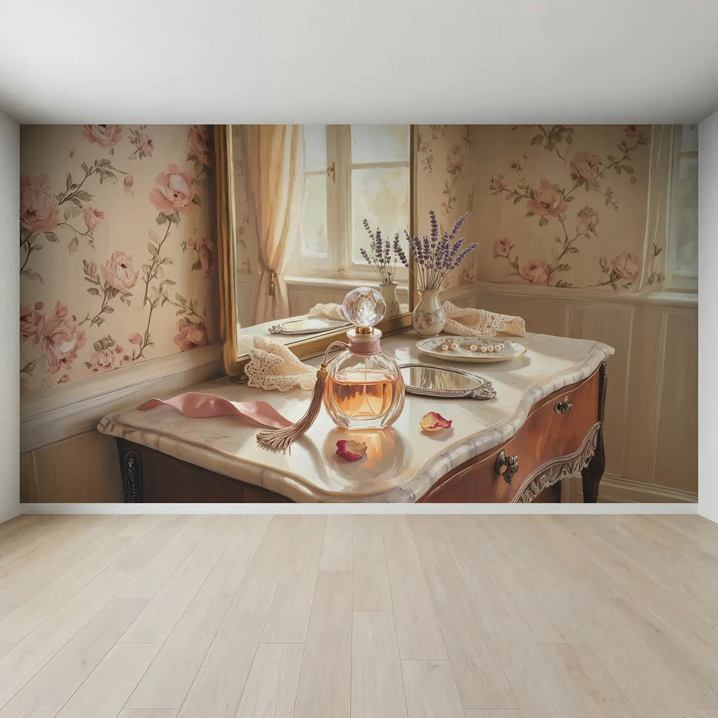Full view of Vintage Perfume Bottle Vanity Wallpaper Mural by Whimsy Tots