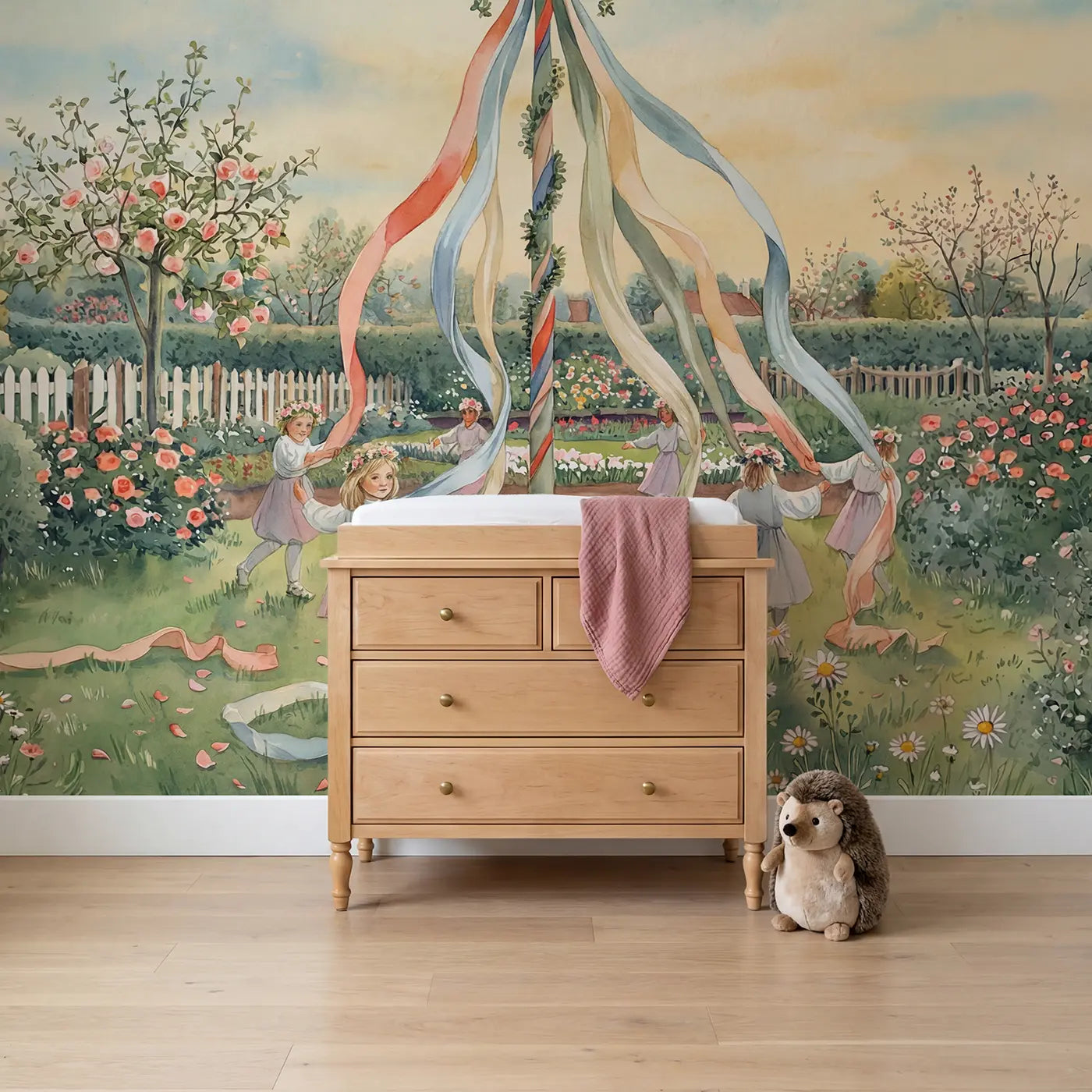 Watercolor spring maypole garden dance wallpaper mural for girls room by Whimsy Tots