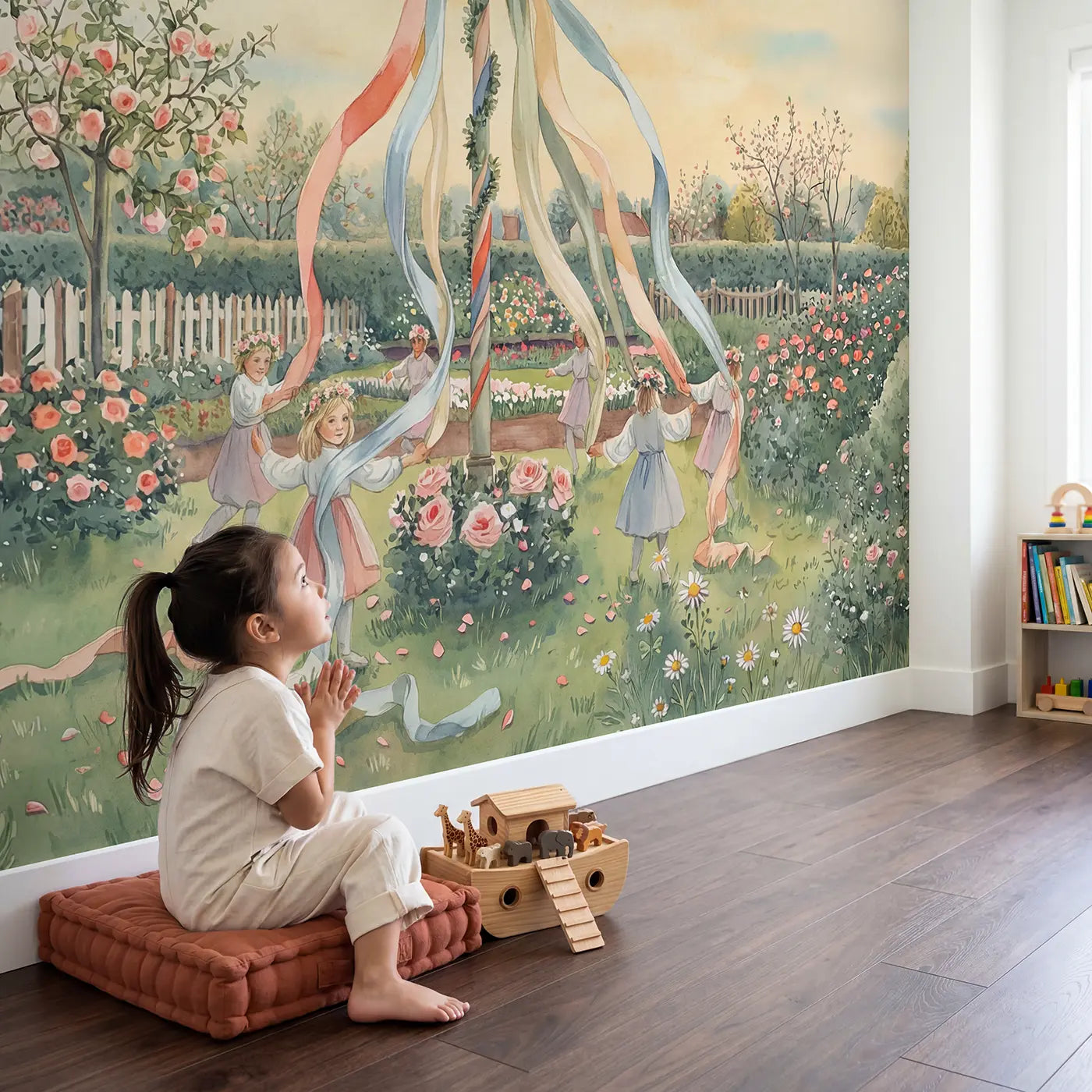 Child in nursery with Spring Maypole Garden Dance Wallpaper Mural by Whimsy Tots