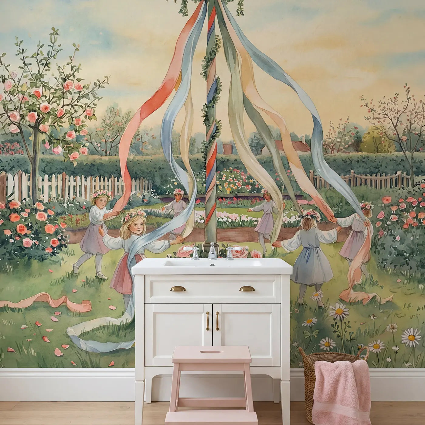 Spring Maypole Garden Dance Wallpaper Mural in playroom setting by Whimsy Tots