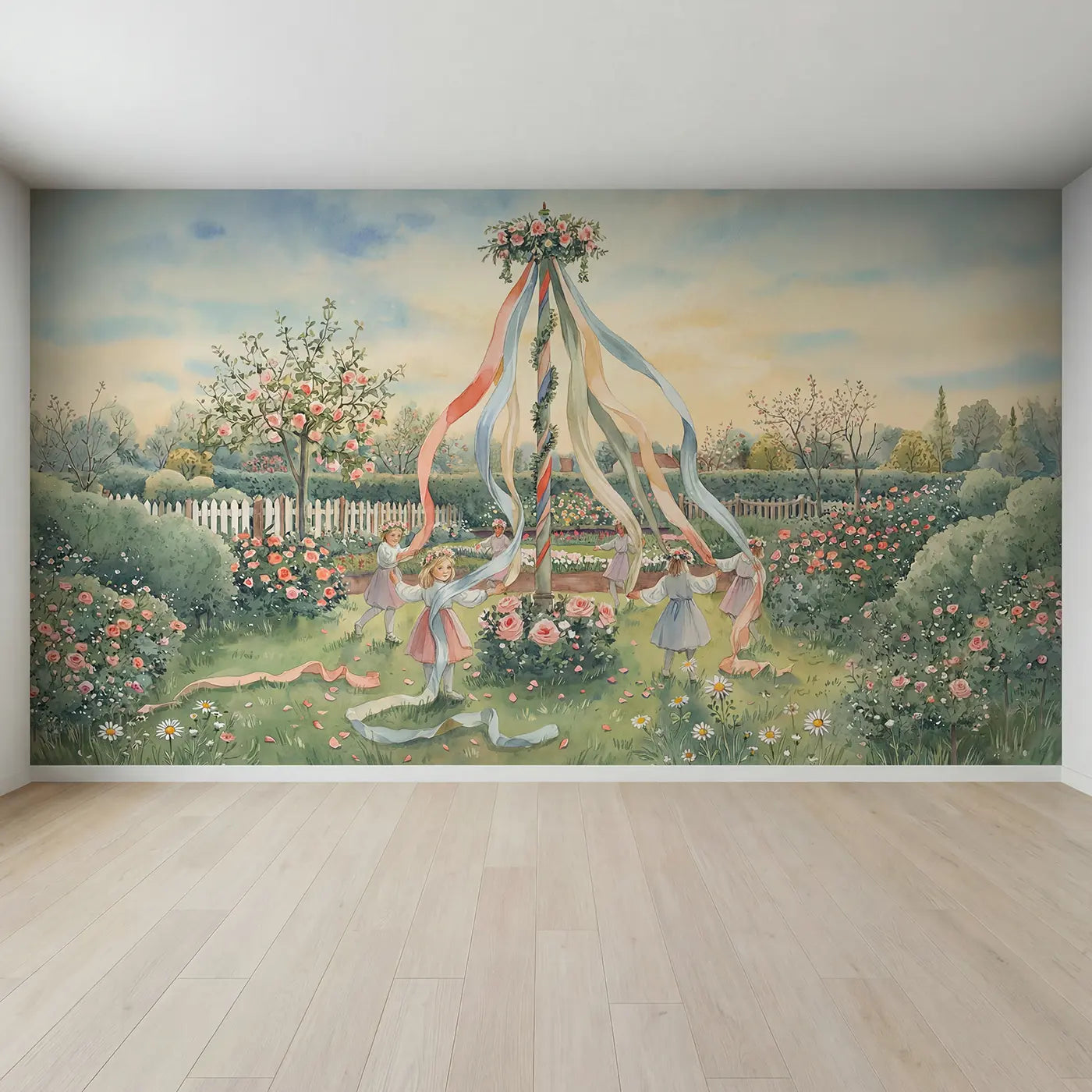 Full view of Spring Maypole Garden Dance Wallpaper Mural by Whimsy Tots