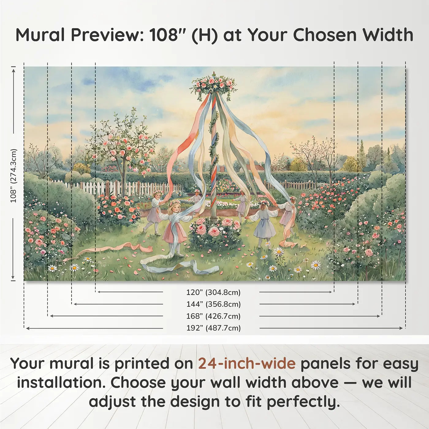 Panel layout and dimensions for Spring Maypole Garden Dance Wallpaper Mural by Whimsy Tots