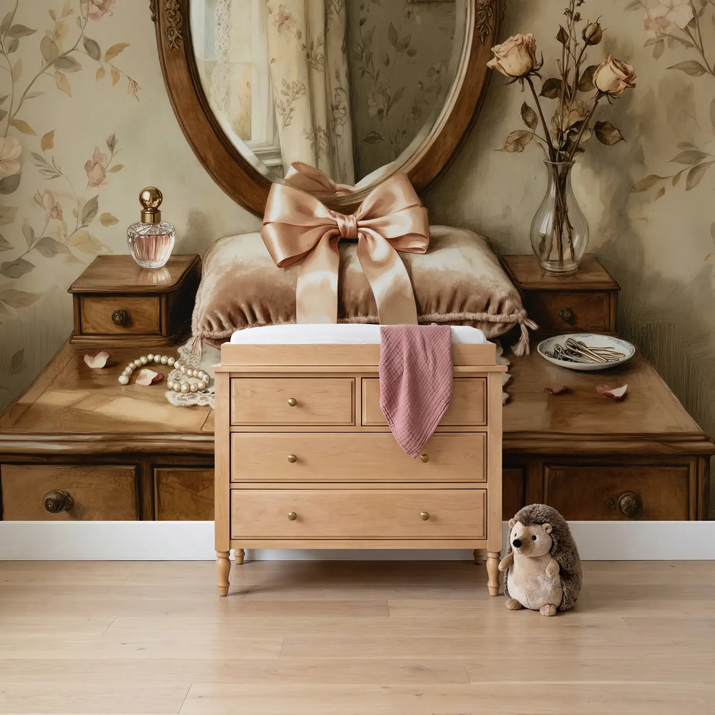 Storybook bow coquette wallpaper mural for kids room by Whimsy Tots