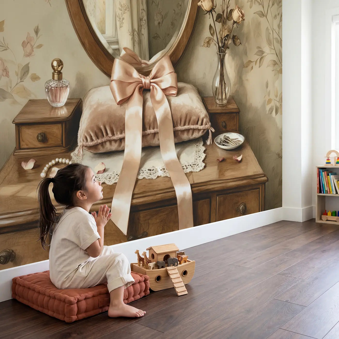 Child in nursery with Velvet Cushion Satin Bow Wallpaper Mural by Whimsy Tots