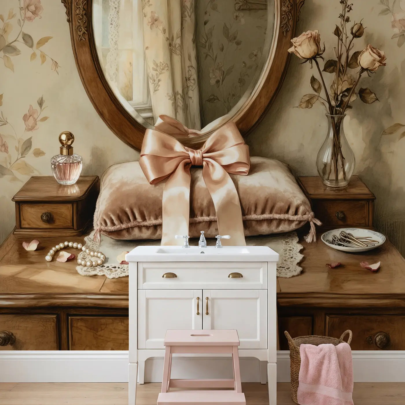 Velvet Cushion Satin Bow Wallpaper Mural in playroom setting by Whimsy Tots
