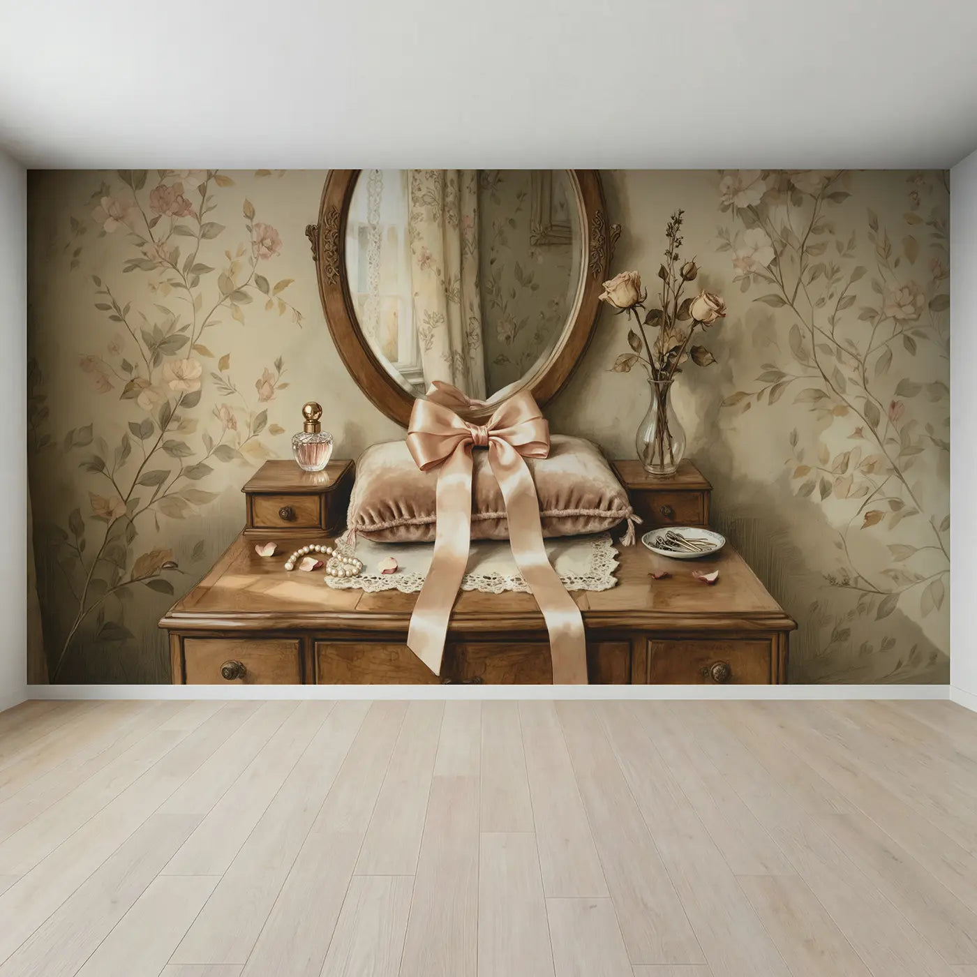 Full view of Velvet Cushion Satin Bow Wallpaper Mural by Whimsy Tots