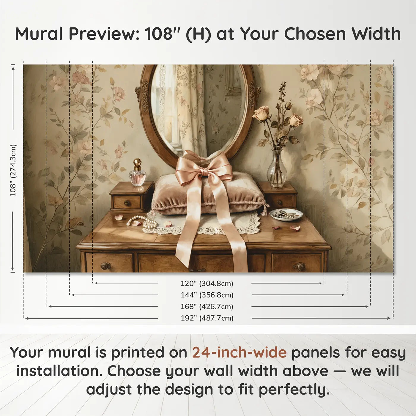 Panel layout and dimensions for Velvet Cushion Satin Bow Wallpaper Mural by Whimsy Tots
