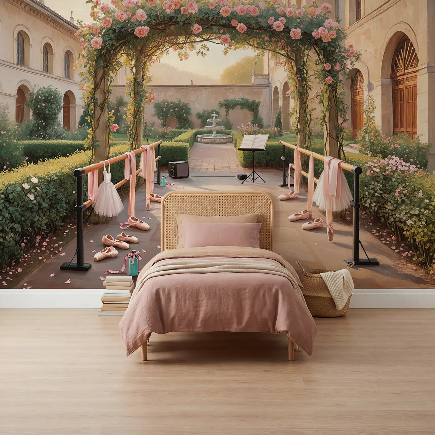 soft pastel ballet courtyard garden mural for girls room by Whimsy Tots