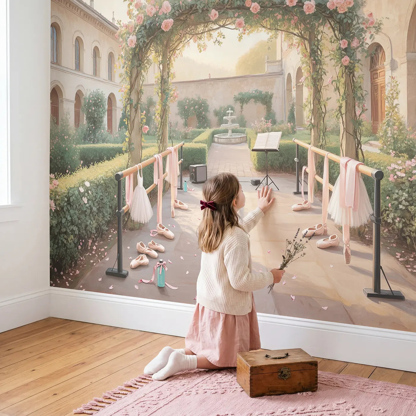 Child in nursery with Ballet Courtyard Garden Morning Wallpaper Mural by Whimsy Tots