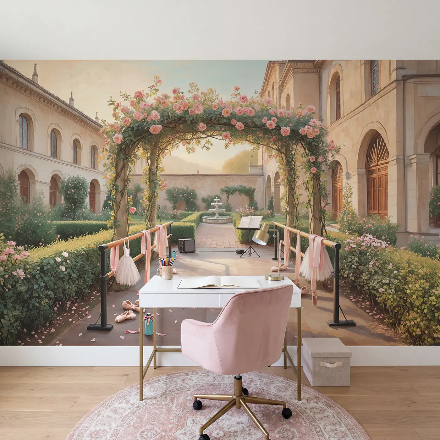 Ballet Courtyard Garden Morning Wallpaper Mural in playroom setting by Whimsy Tots