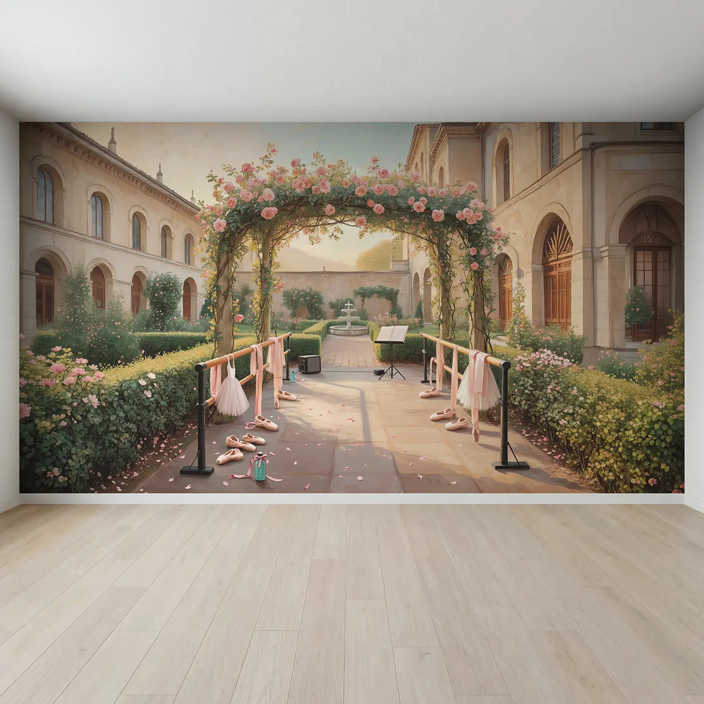 Full view of Ballet Courtyard Garden Morning Wallpaper Mural by Whimsy Tots