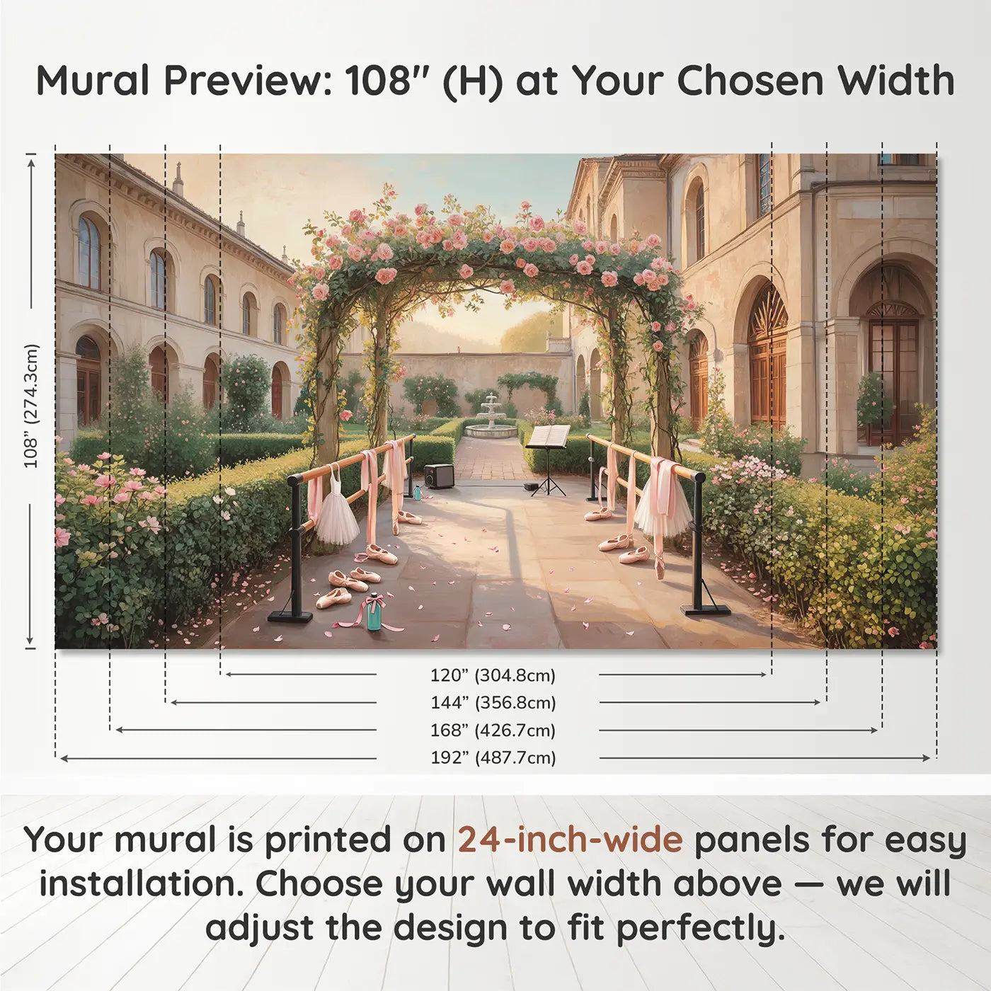 Panel layout and dimensions for Ballet Courtyard Garden Morning Wallpaper Mural by Whimsy Tots