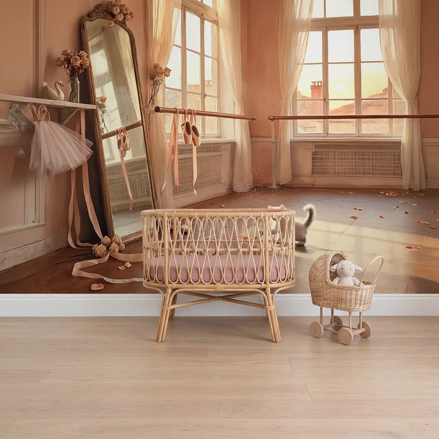 Soft pastel ballet slipper and barre feminine wallpaper mural for girls room by Whimsy Tots