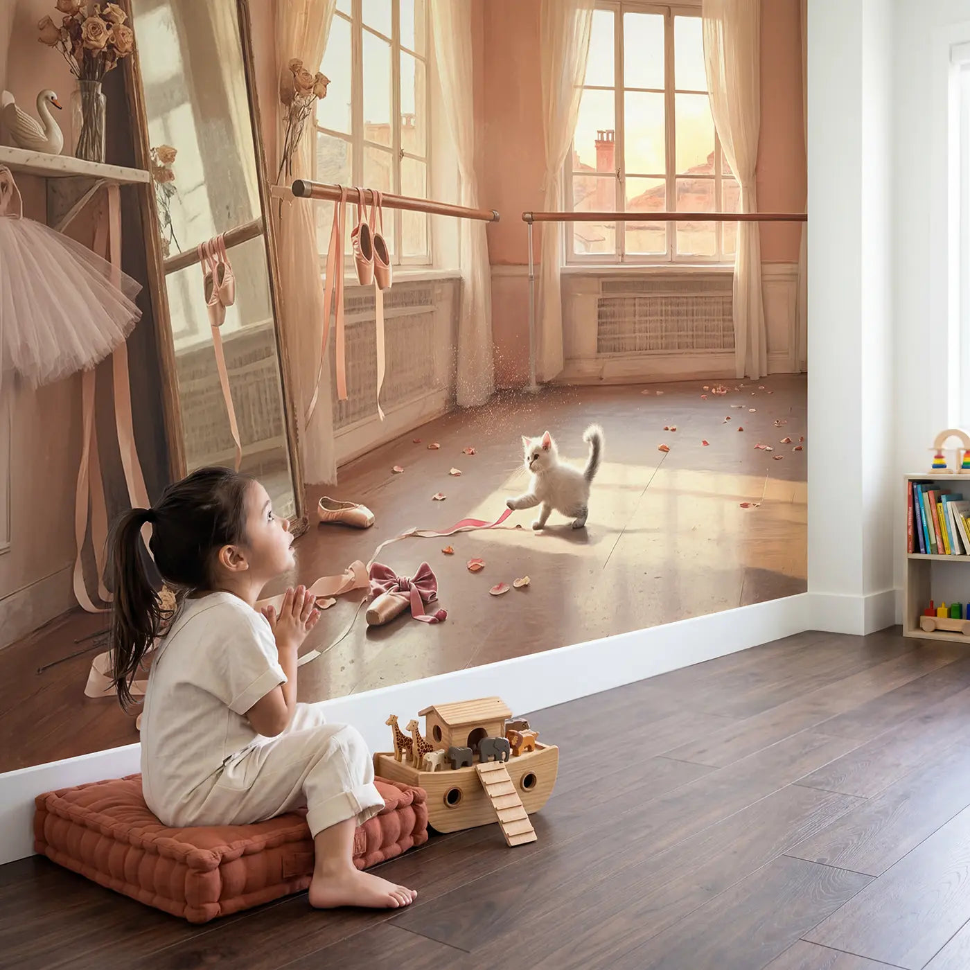 Child in nursery with Ballet Studio Afternoon Wallpaper Mural by Whimsy Tots