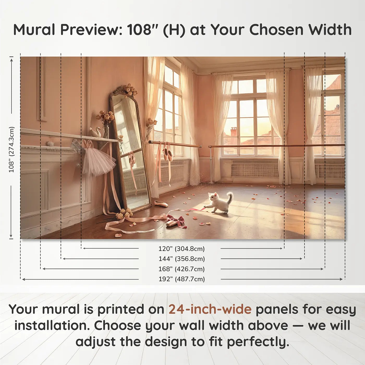 Panel layout and dimensions for Ballet Studio Afternoon Wallpaper Mural by Whimsy Tots