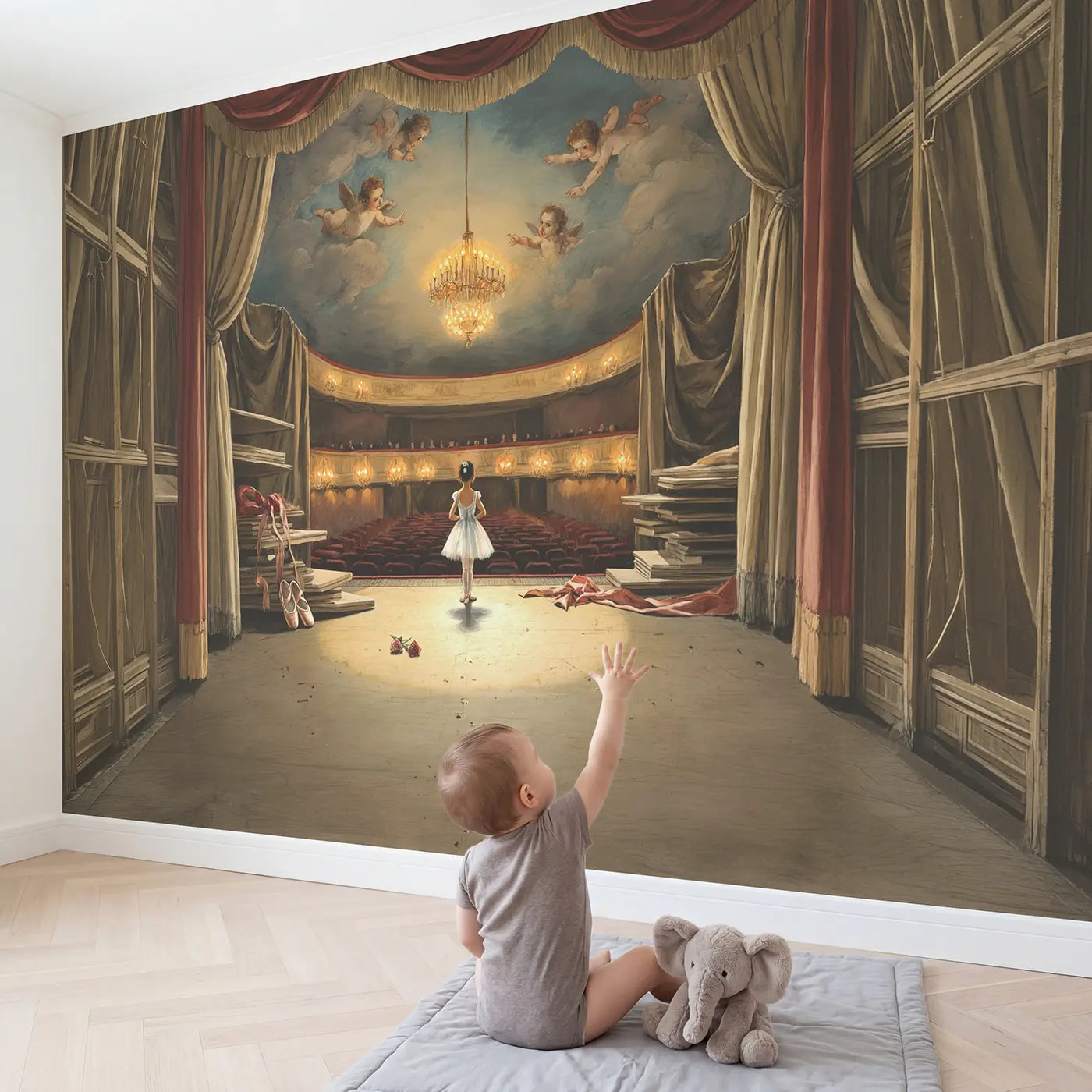 Child in nursery with Ballet Stage View Theater Wallpaper Mural by Whimsy Tots