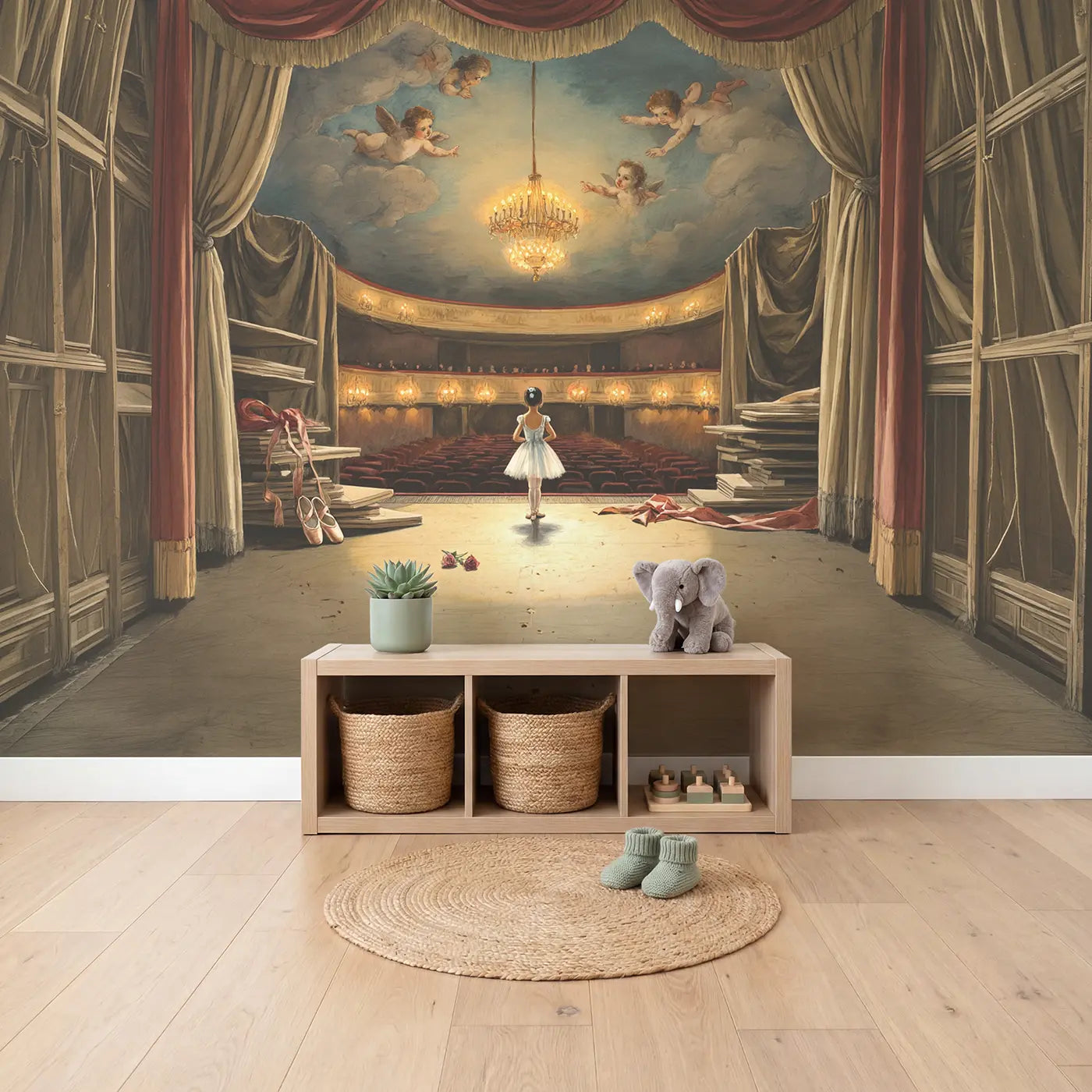 Ballet Stage View Theater Wallpaper Mural in playroom setting by Whimsy Tots