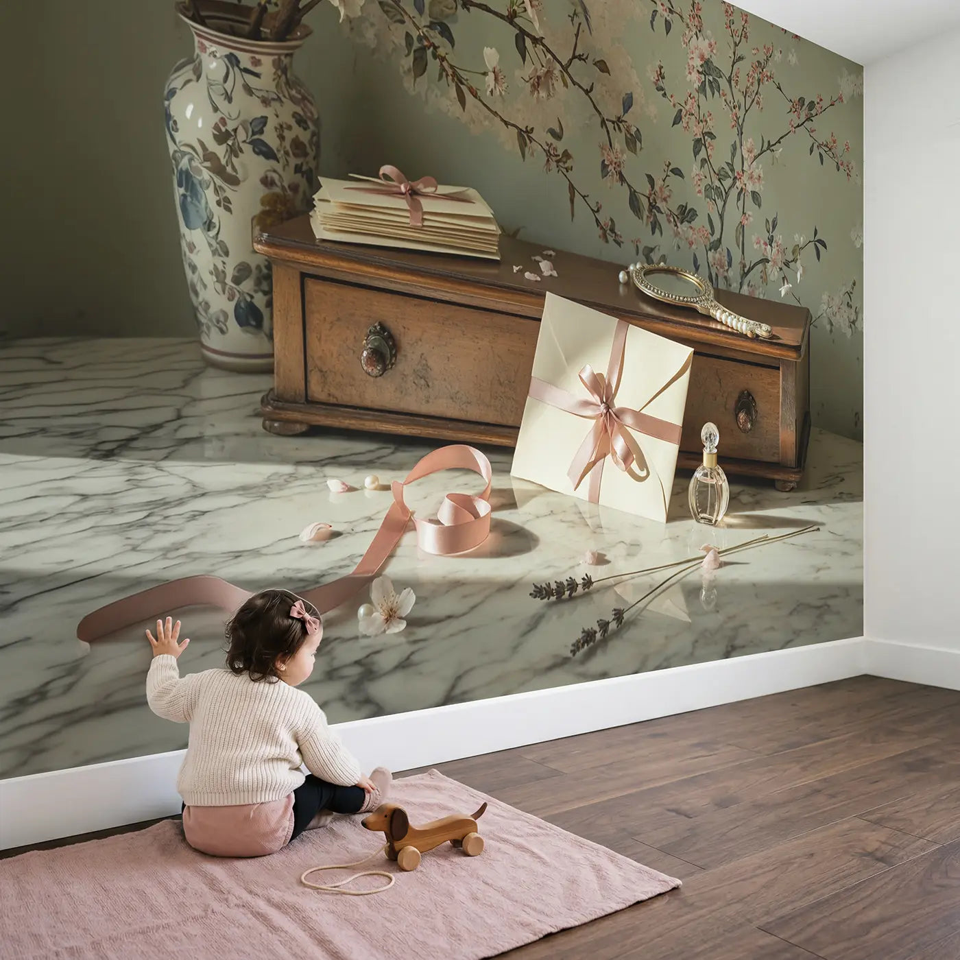 Child in nursery with Ribbon Tied Letter Wallpaper Mural by Whimsy Tots