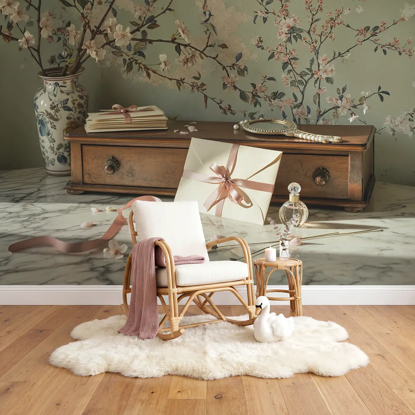 Ribbon Tied Letter Wallpaper Mural in playroom setting by Whimsy Tots