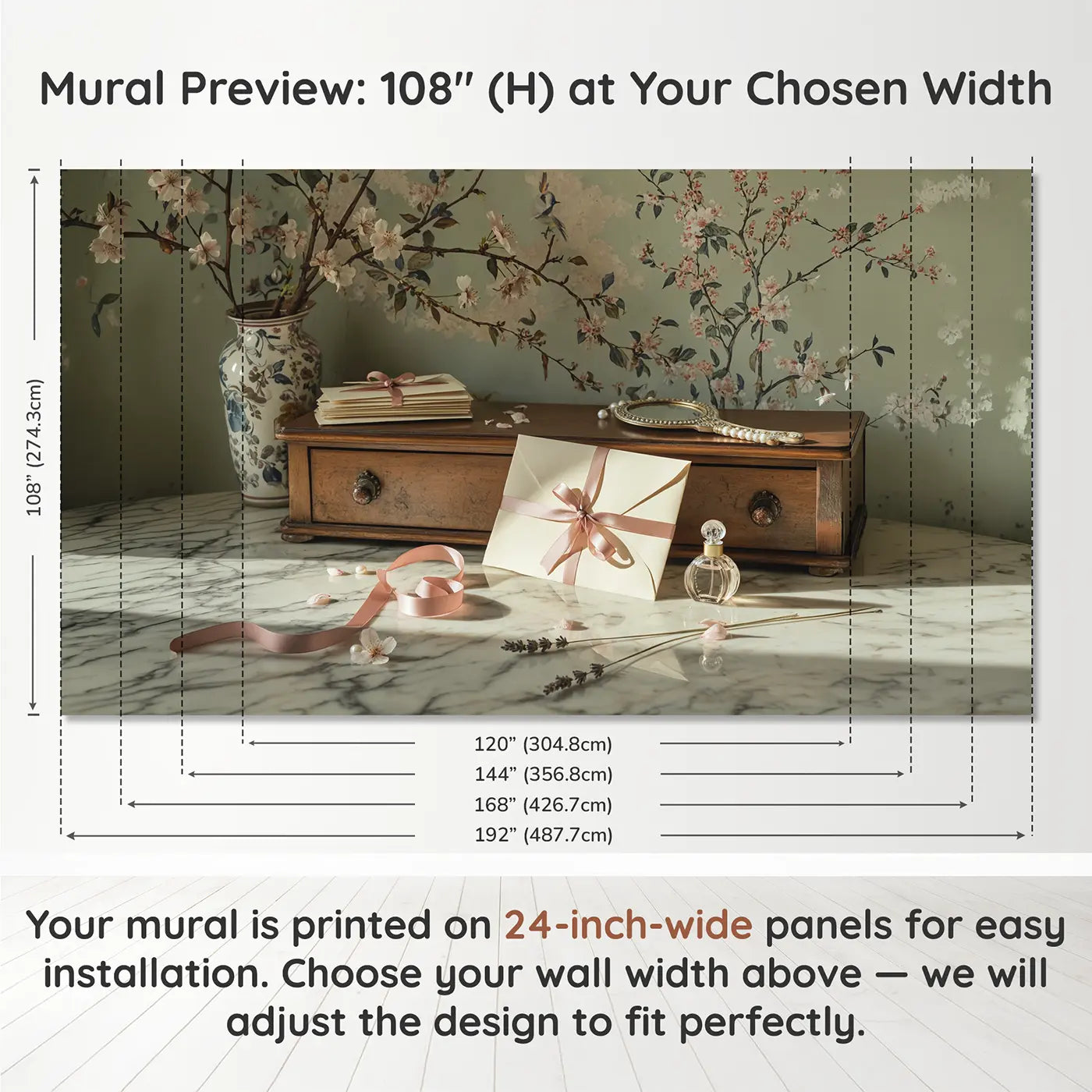 Panel layout and dimensions for Ribbon Tied Letter Wallpaper Mural by Whimsy Tots