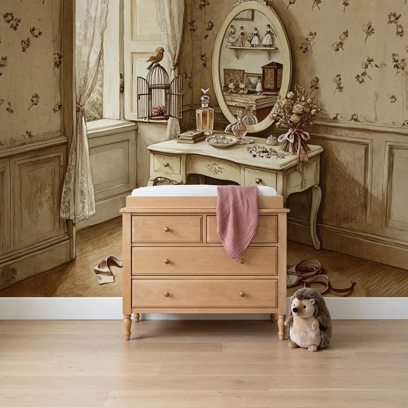 Storybook vanity and mirror feminine wallpaper mural for girls room by Whimsy Tots