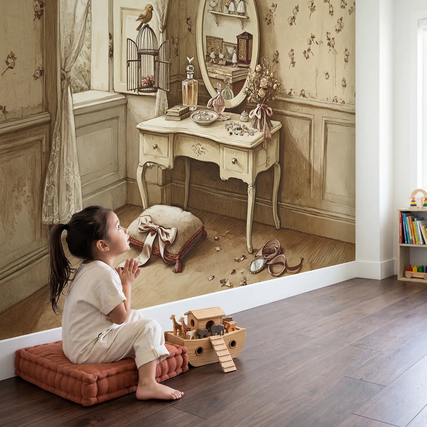 Child in nursery with Parisian Vanity Table Wallpaper Mural by Whimsy Tots