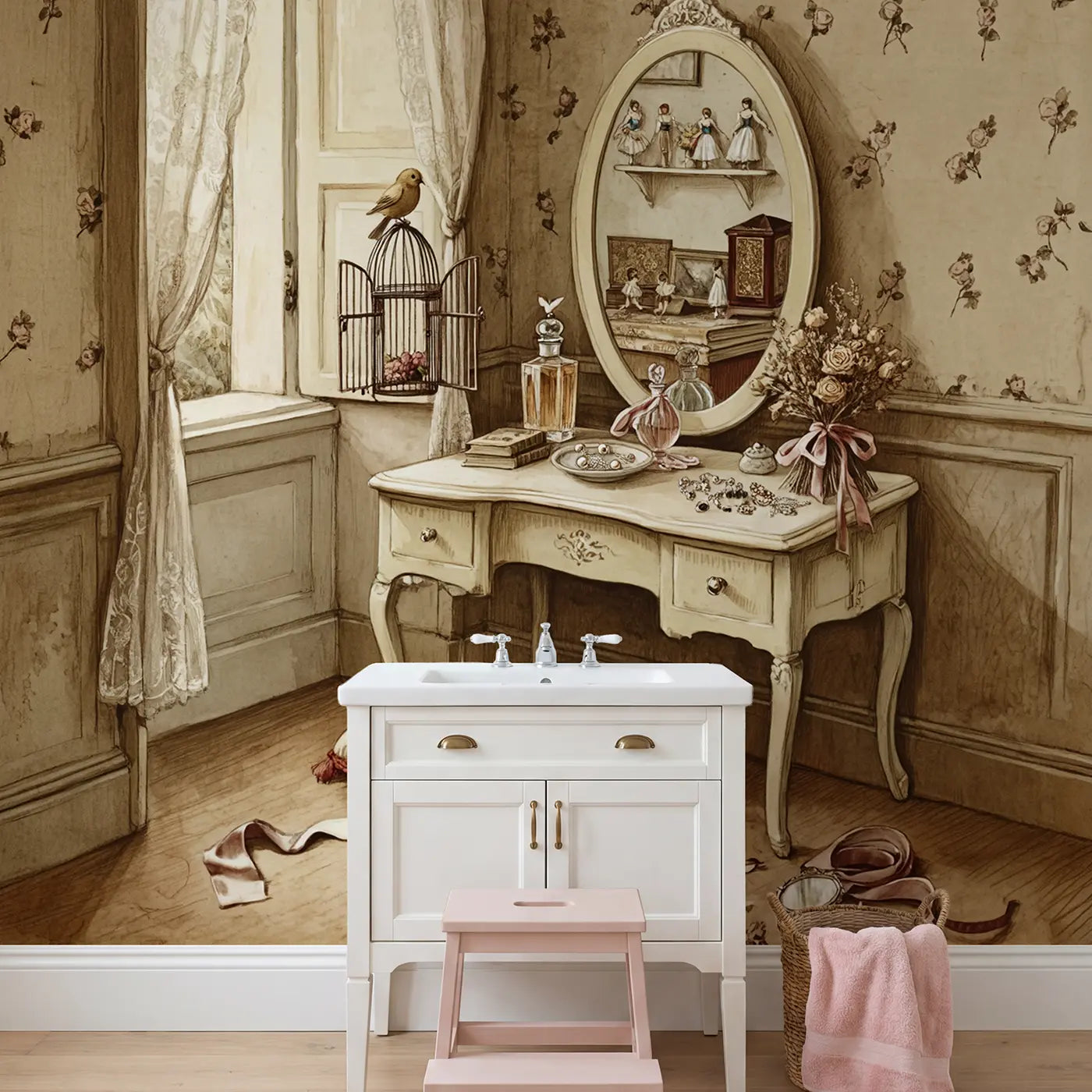 Parisian Vanity Table Wallpaper Mural in playroom setting by Whimsy Tots