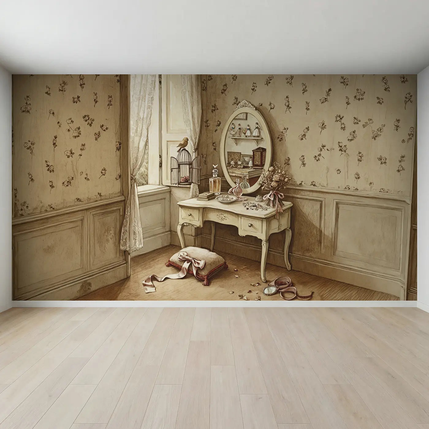 Full view of Parisian Vanity Table Wallpaper Mural by Whimsy Tots