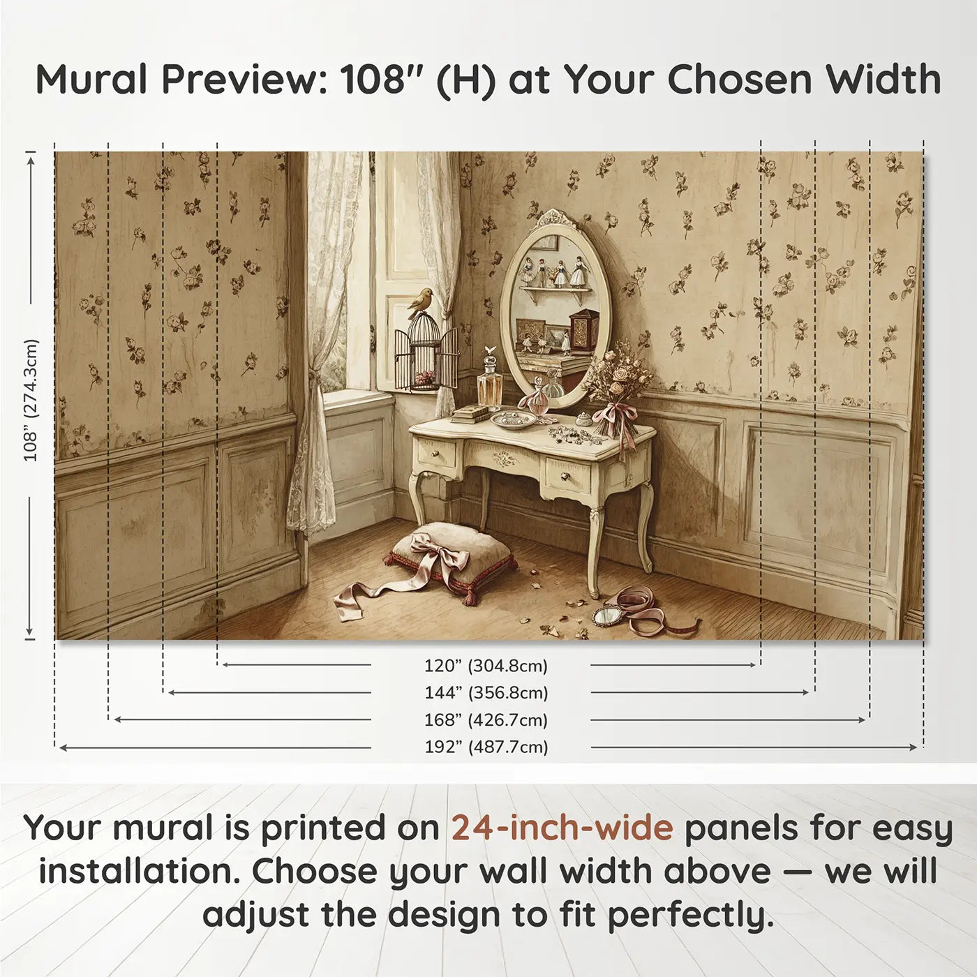 Panel layout and dimensions for Parisian Vanity Table Wallpaper Mural by Whimsy Tots