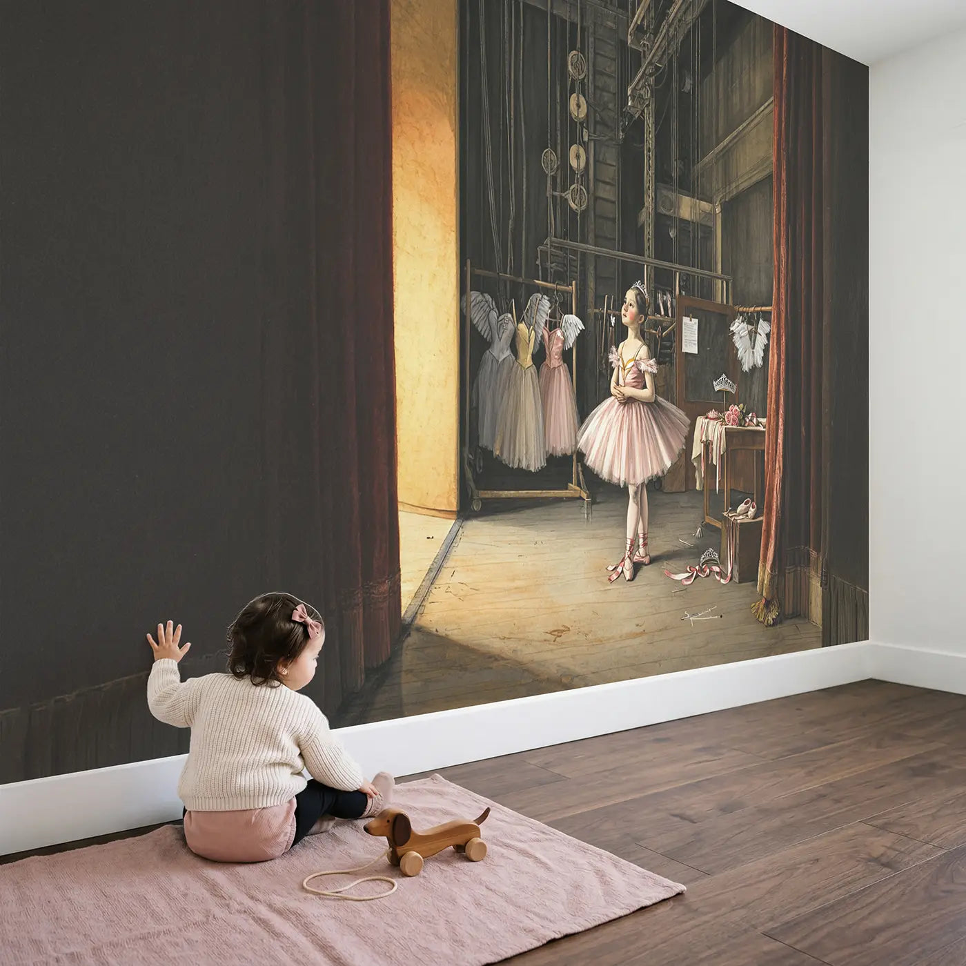 Child in nursery with Backstage Ballerina Spotlight Wings Wallpaper Mural by Whimsy Tots