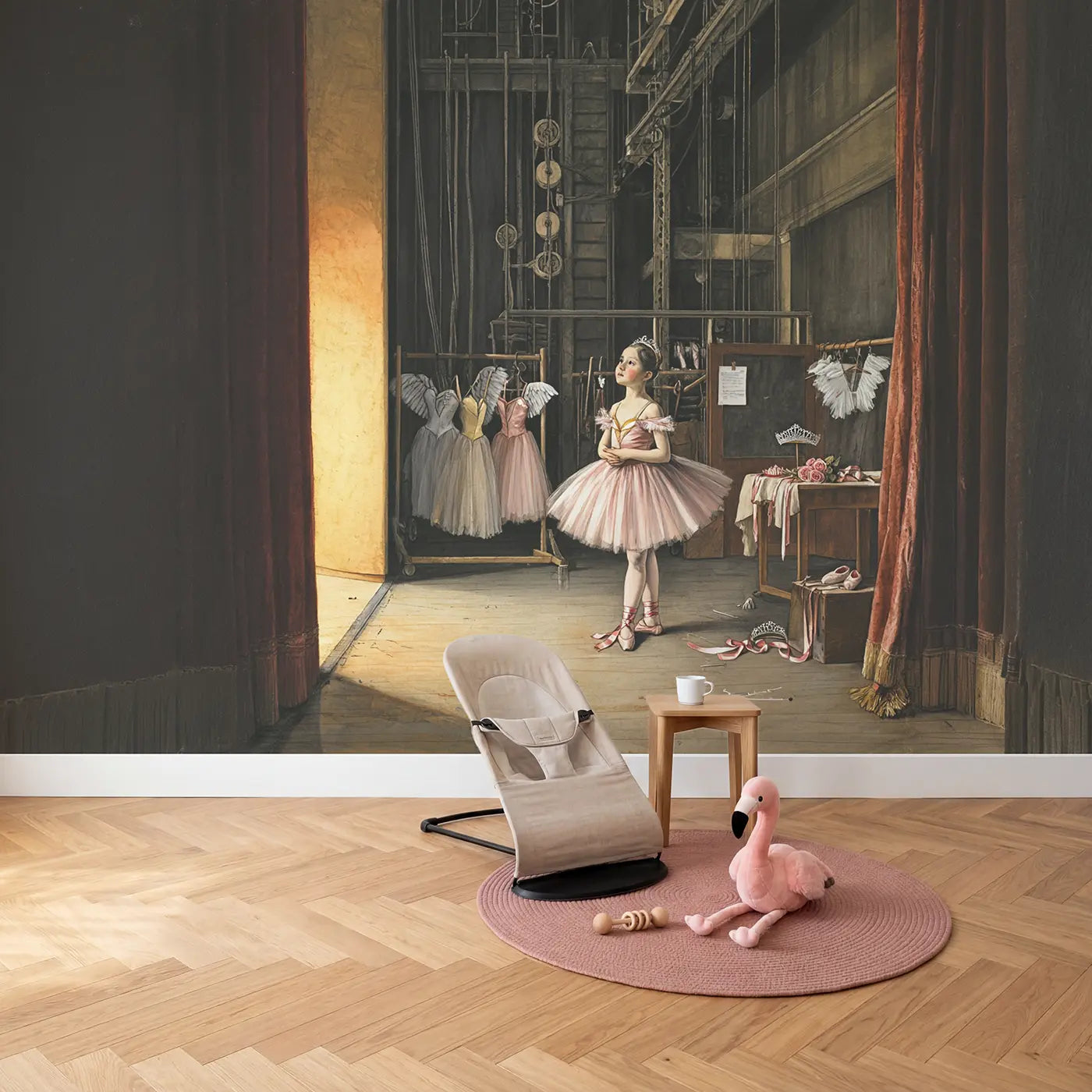 Backstage Ballerina Spotlight Wings Wallpaper Mural in playroom setting by Whimsy Tots