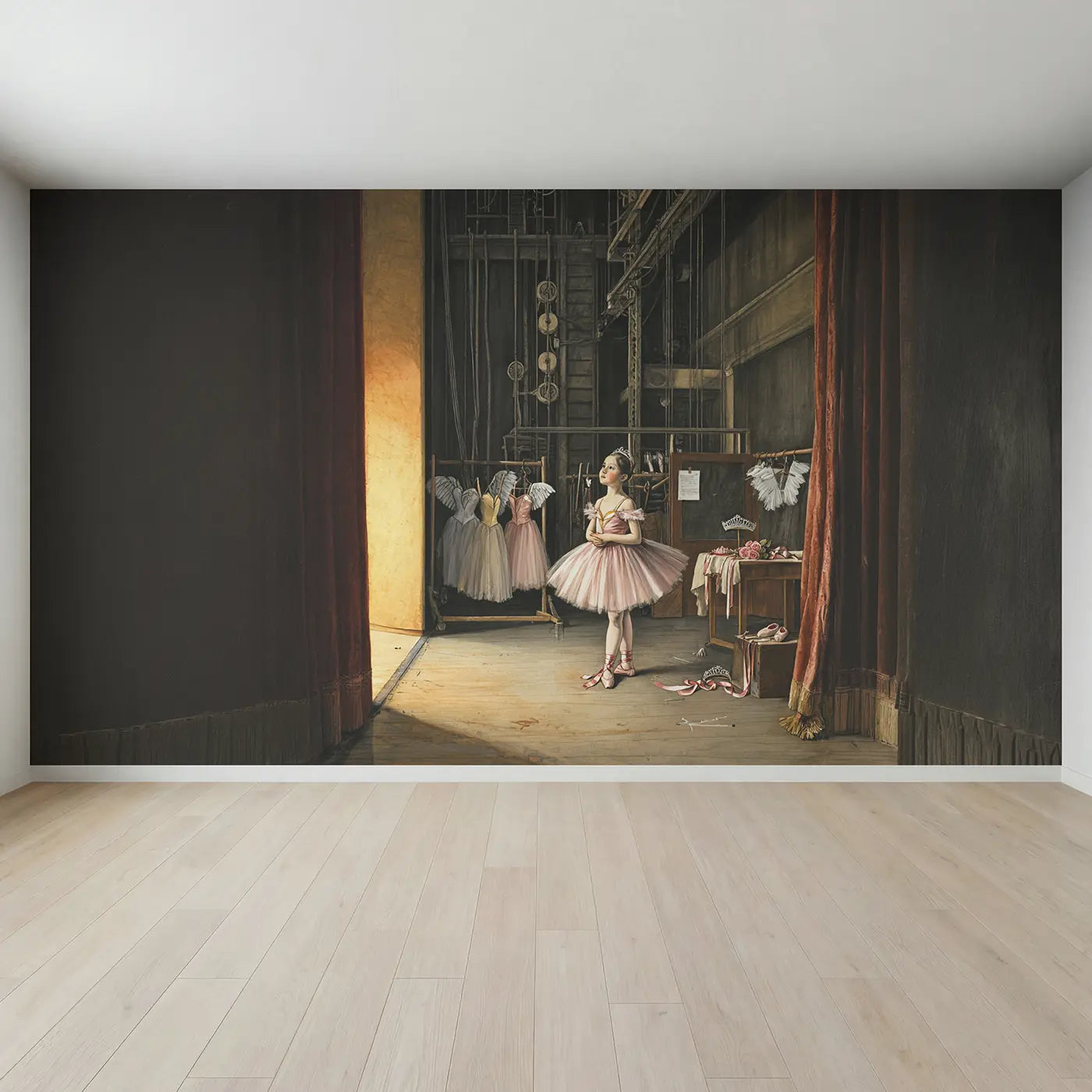 Full view of Backstage Ballerina Spotlight Wings Wallpaper Mural by Whimsy Tots