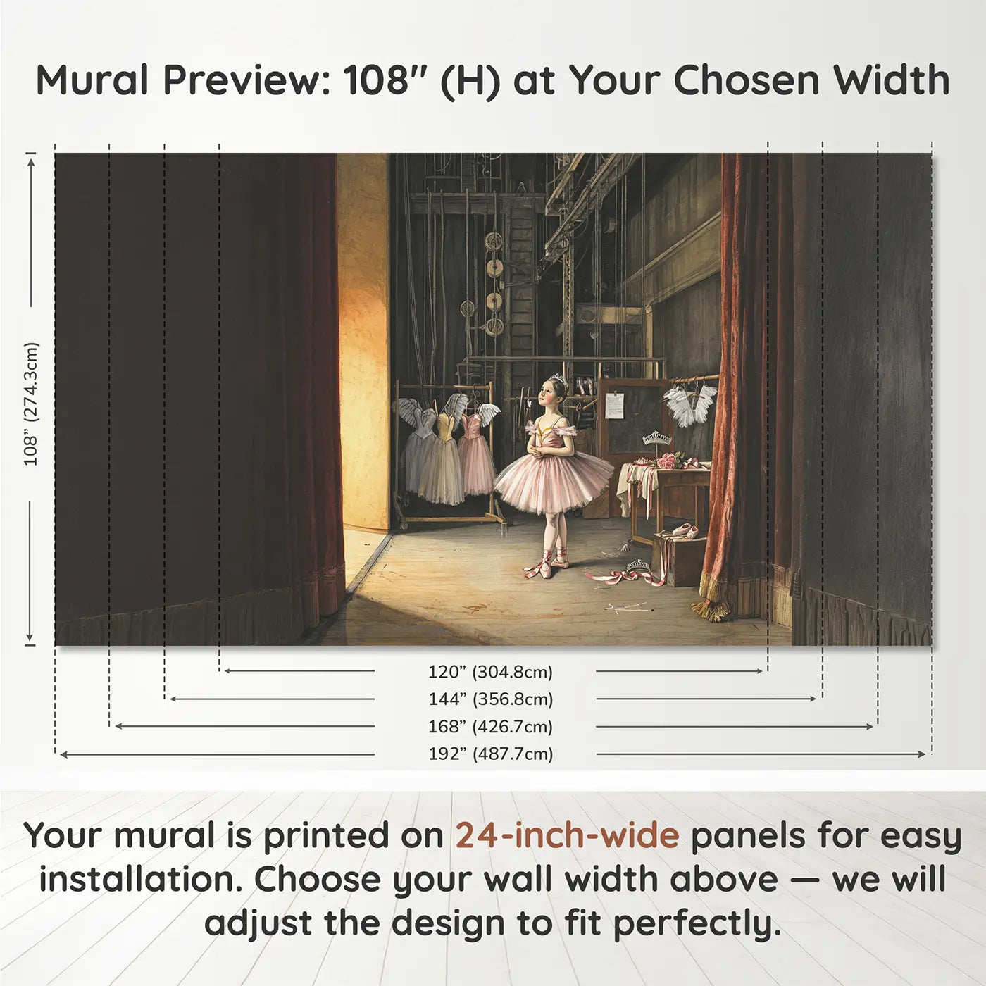 Panel layout and dimensions for Backstage Ballerina Spotlight Wings Wallpaper Mural by Whimsy Tots
