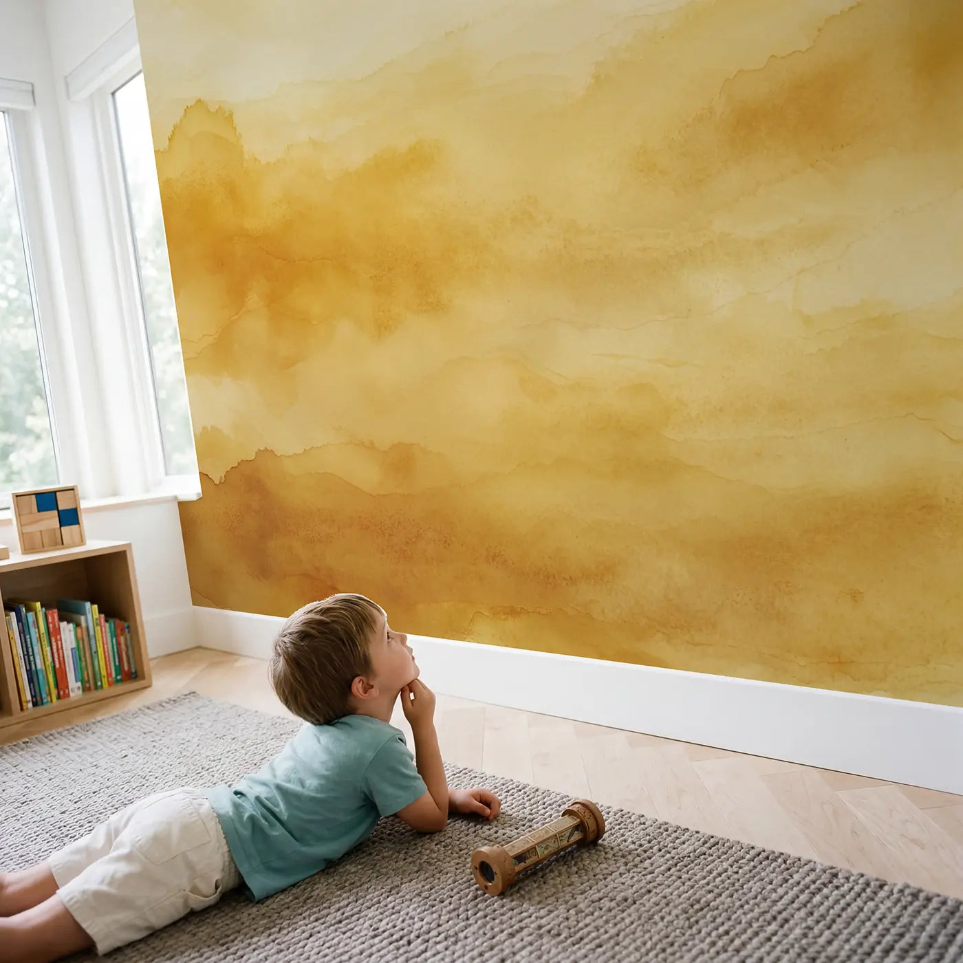 Child in nursery with Golden Amber Color Field Wallpaper Mural by Whimsy Tots