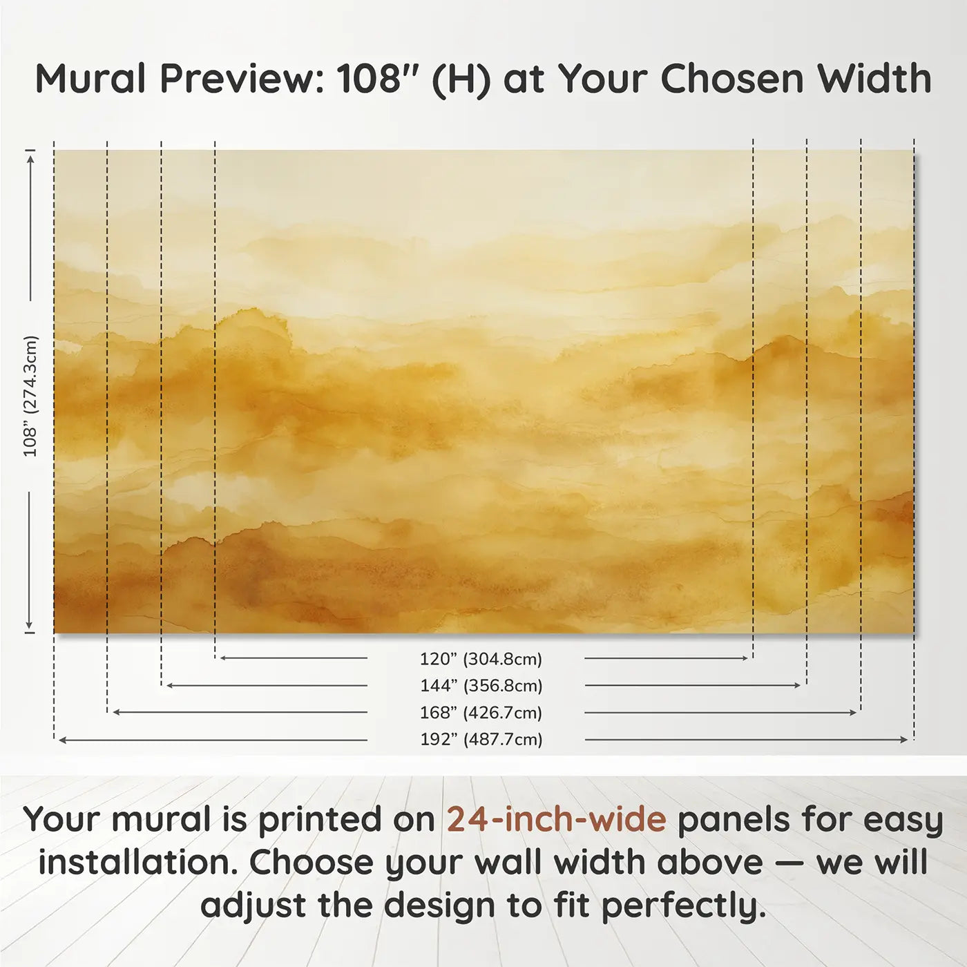 Panel layout and dimensions for Golden Amber Color Field Wallpaper Mural by Whimsy Tots