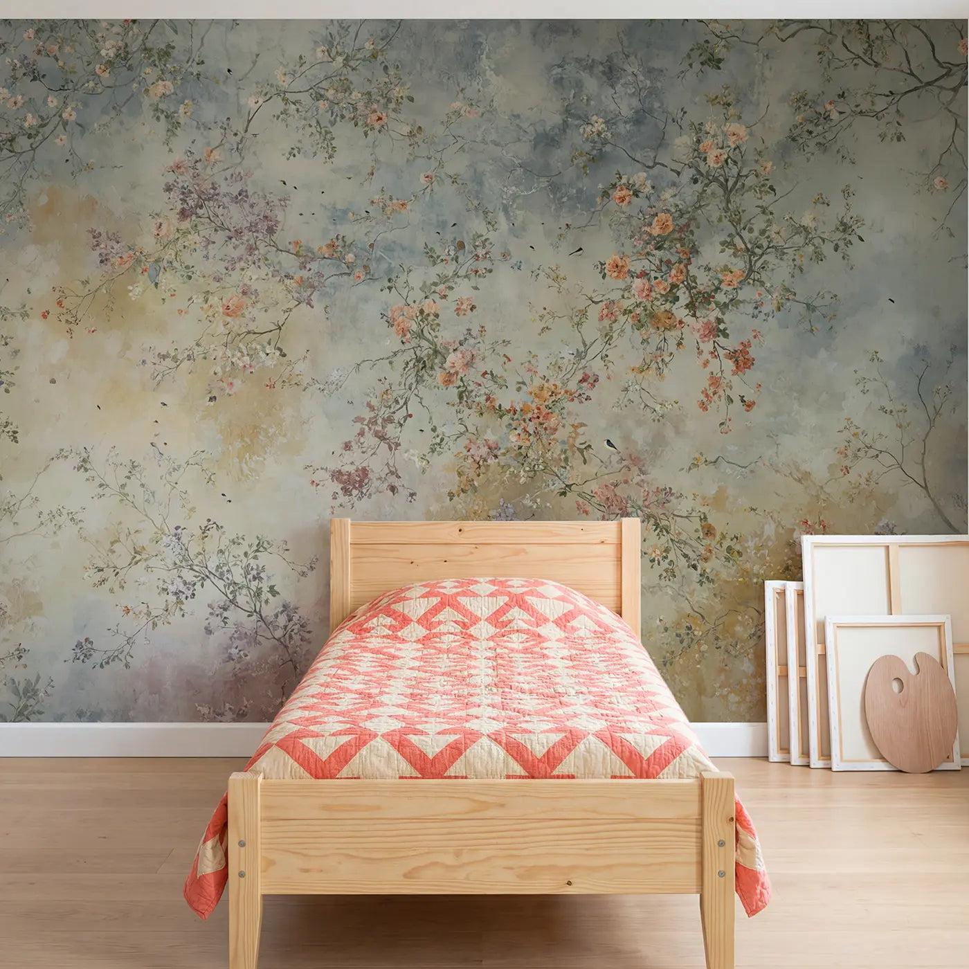 Botanical Elegance blush botanical pigment wallpaper mural for girls room by Whimsy Tots