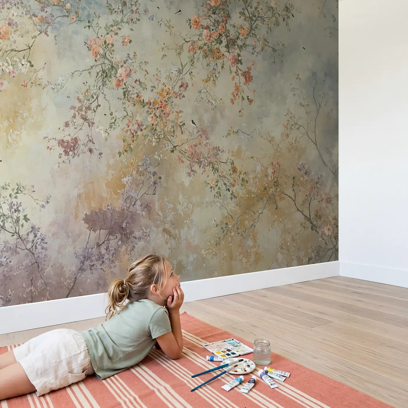 Child in nursery with Blush Botanical Pigment Wallpaper Mural by Whimsy Tots