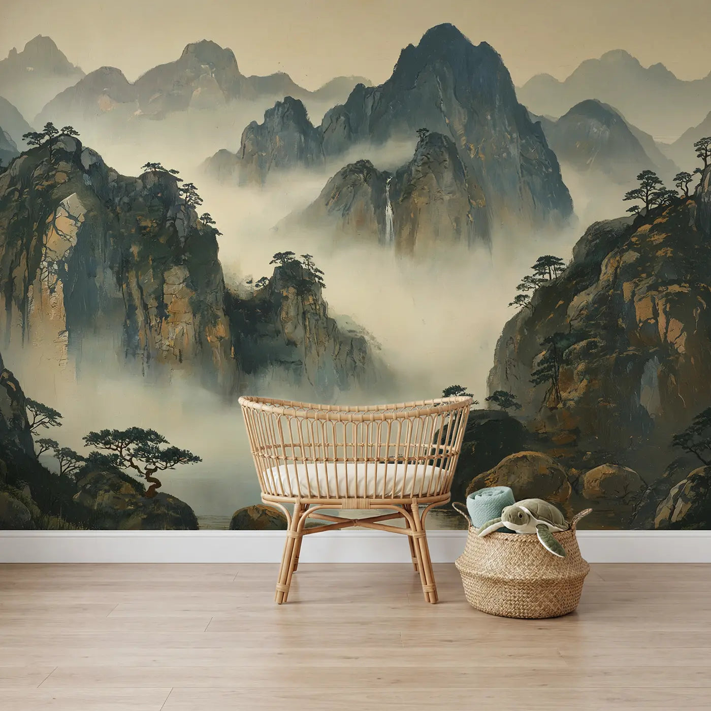 Painted Landscape misty peak ink wash wallpaper mural for boys room by Whimsy Tots