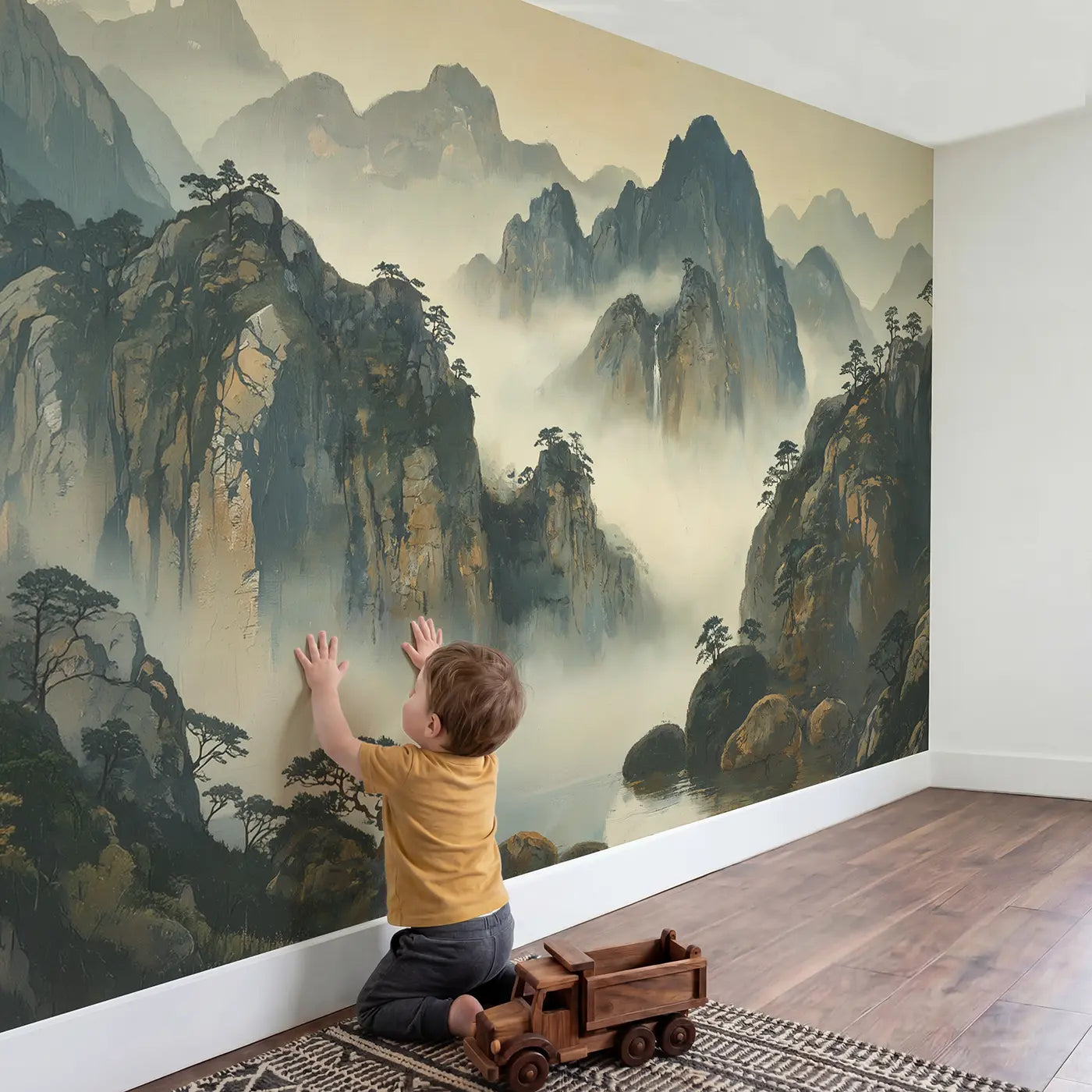 Child in nursery with Misty Peak Ink Wash Wallpaper Mural by Whimsy Tots