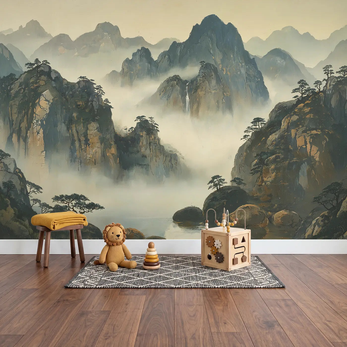 Misty Peak Ink Wash Wallpaper Mural in playroom setting by Whimsy Tots