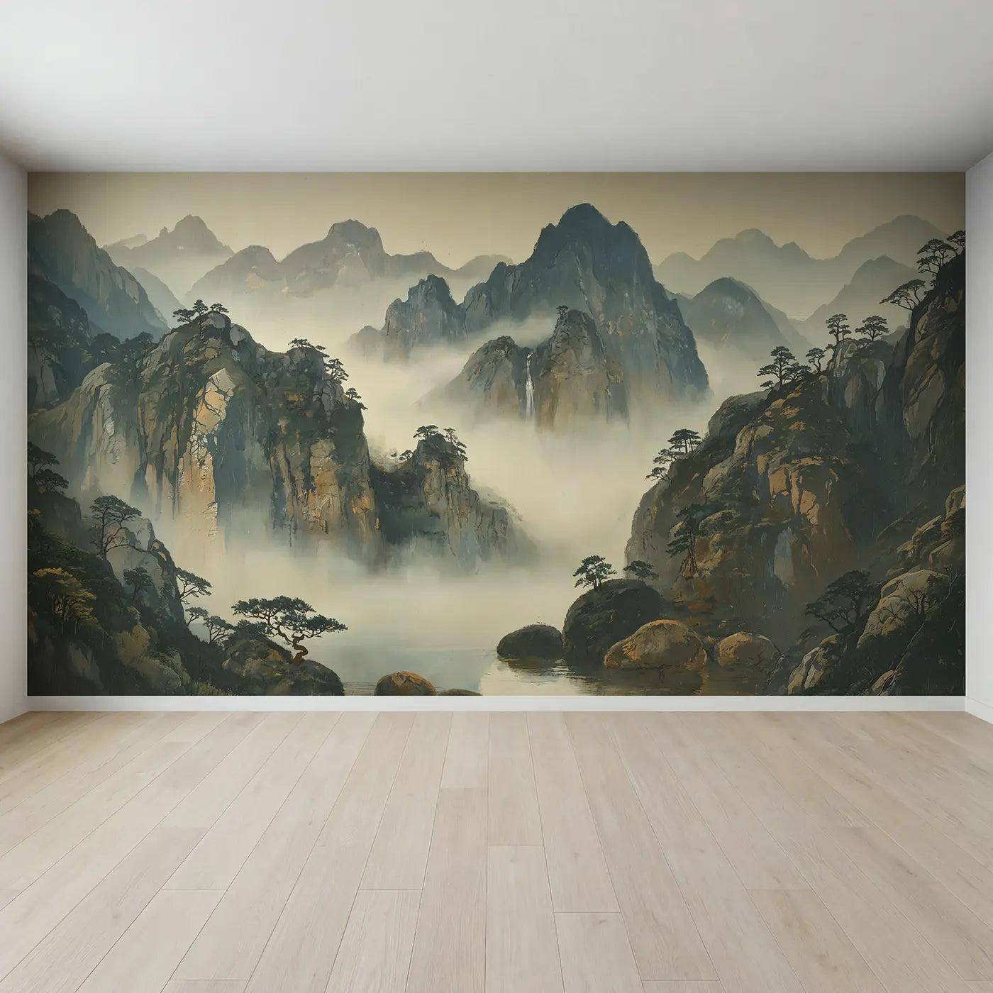 Full view of Misty Peak Ink Wash Wallpaper Mural by Whimsy Tots