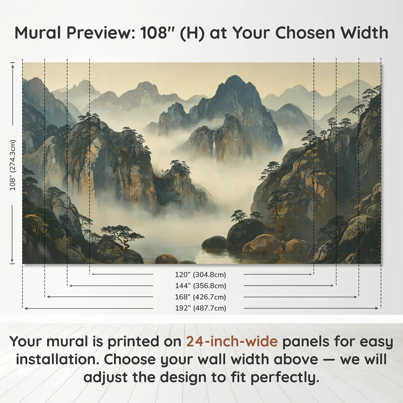 Panel layout and dimensions for Misty Peak Ink Wash Wallpaper Mural by Whimsy Tots