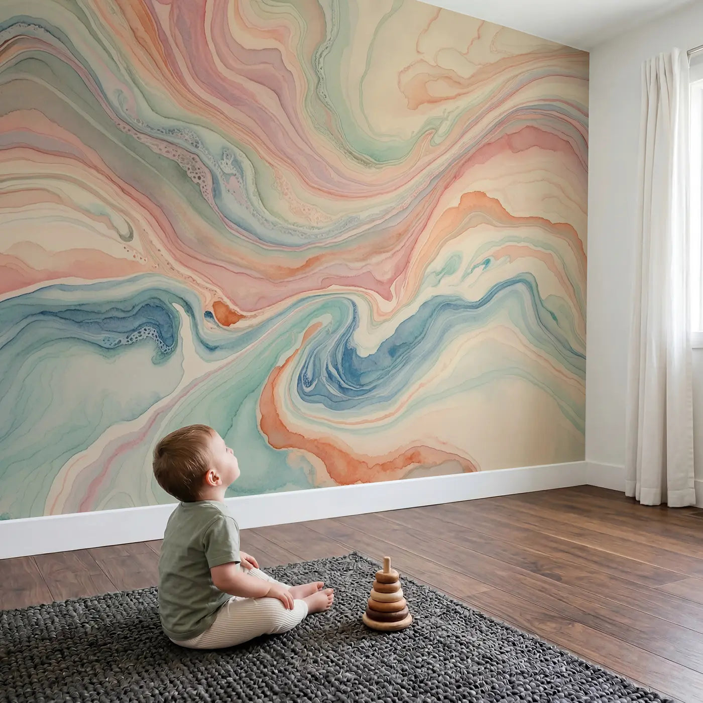 Child in nursery with Pastel Fluid Art Pour Wallpaper Mural by Whimsy Tots