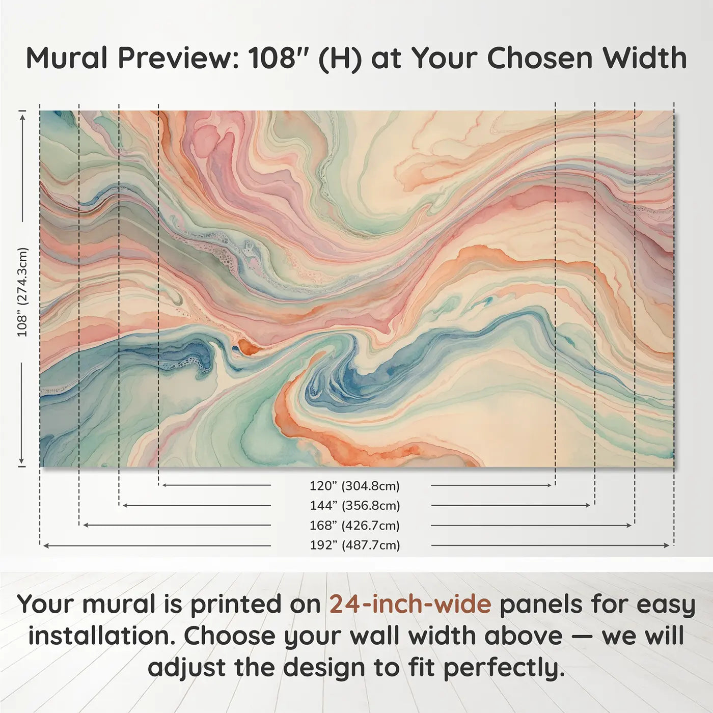 Panel layout and dimensions for Pastel Fluid Art Pour Wallpaper Mural by Whimsy Tots