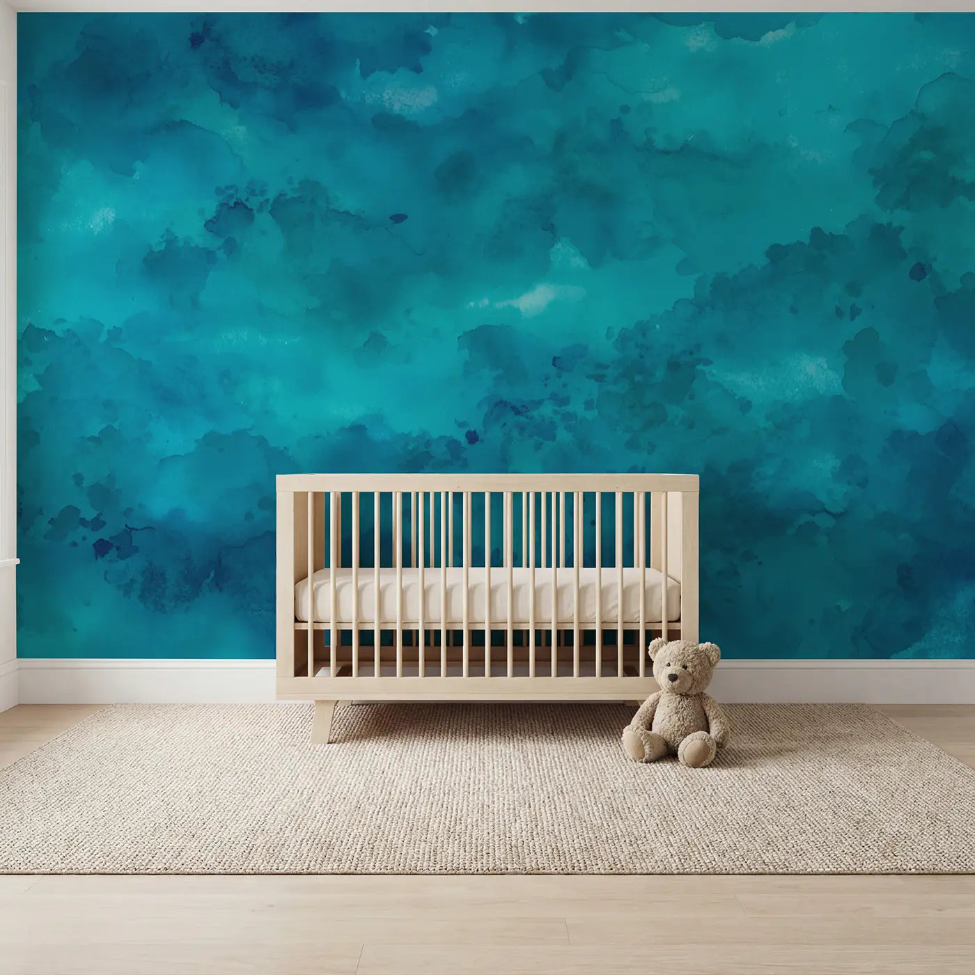 Watercolor deep teal color field wallpaper mural for nursery by Whimsy Tots