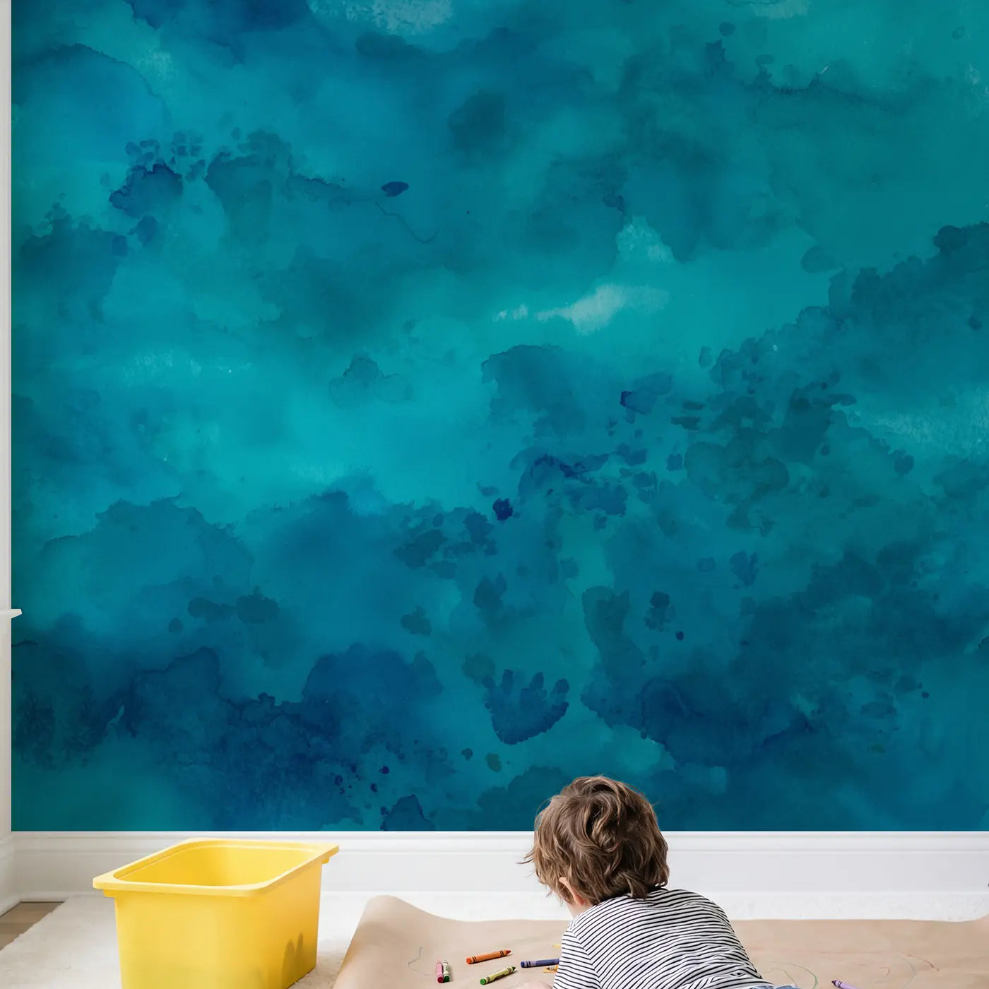 Child in nursery with Deep Teal Color Field Wallpaper Mural by Whimsy Tots
