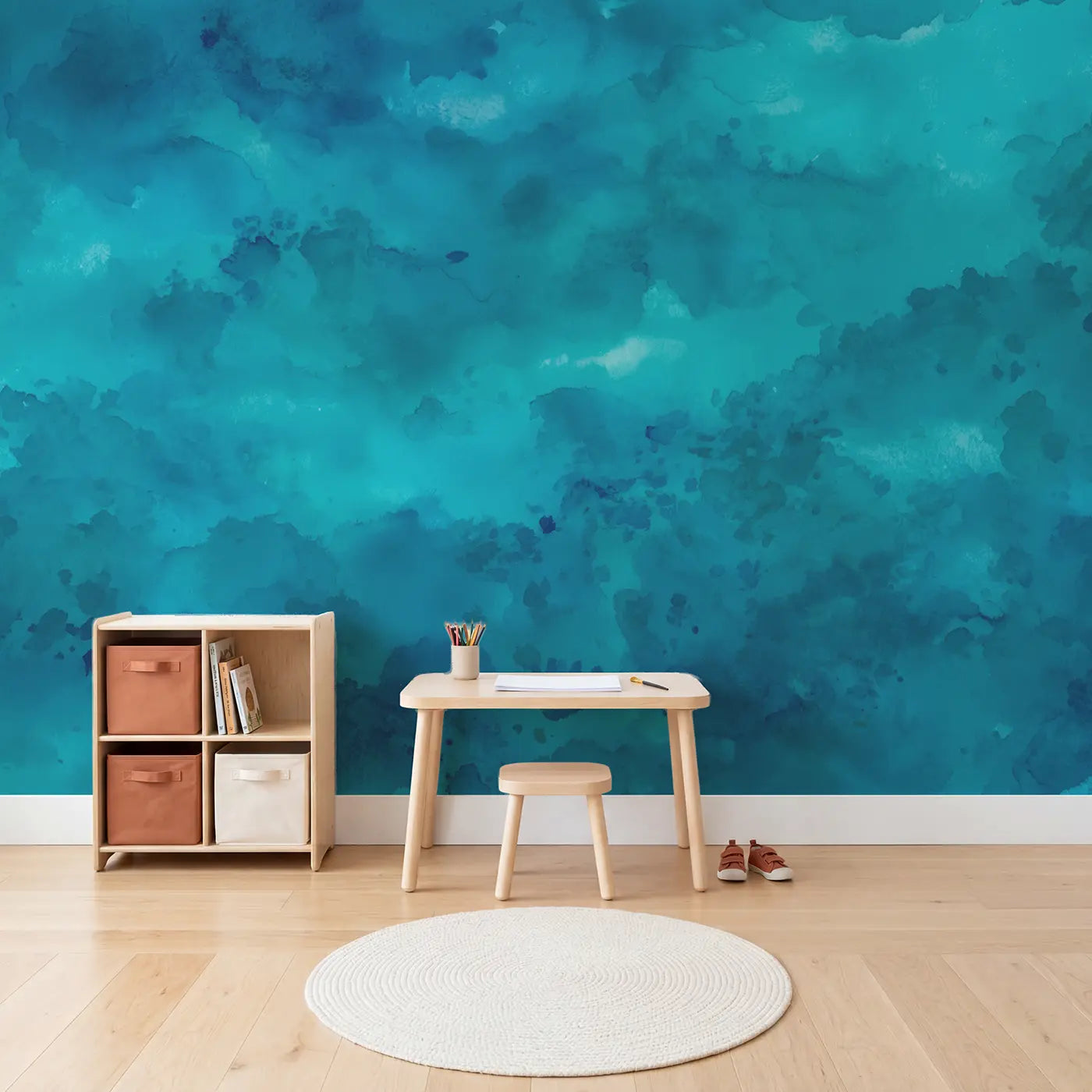 Deep Teal Color Field Wallpaper Mural in playroom setting by Whimsy Tots